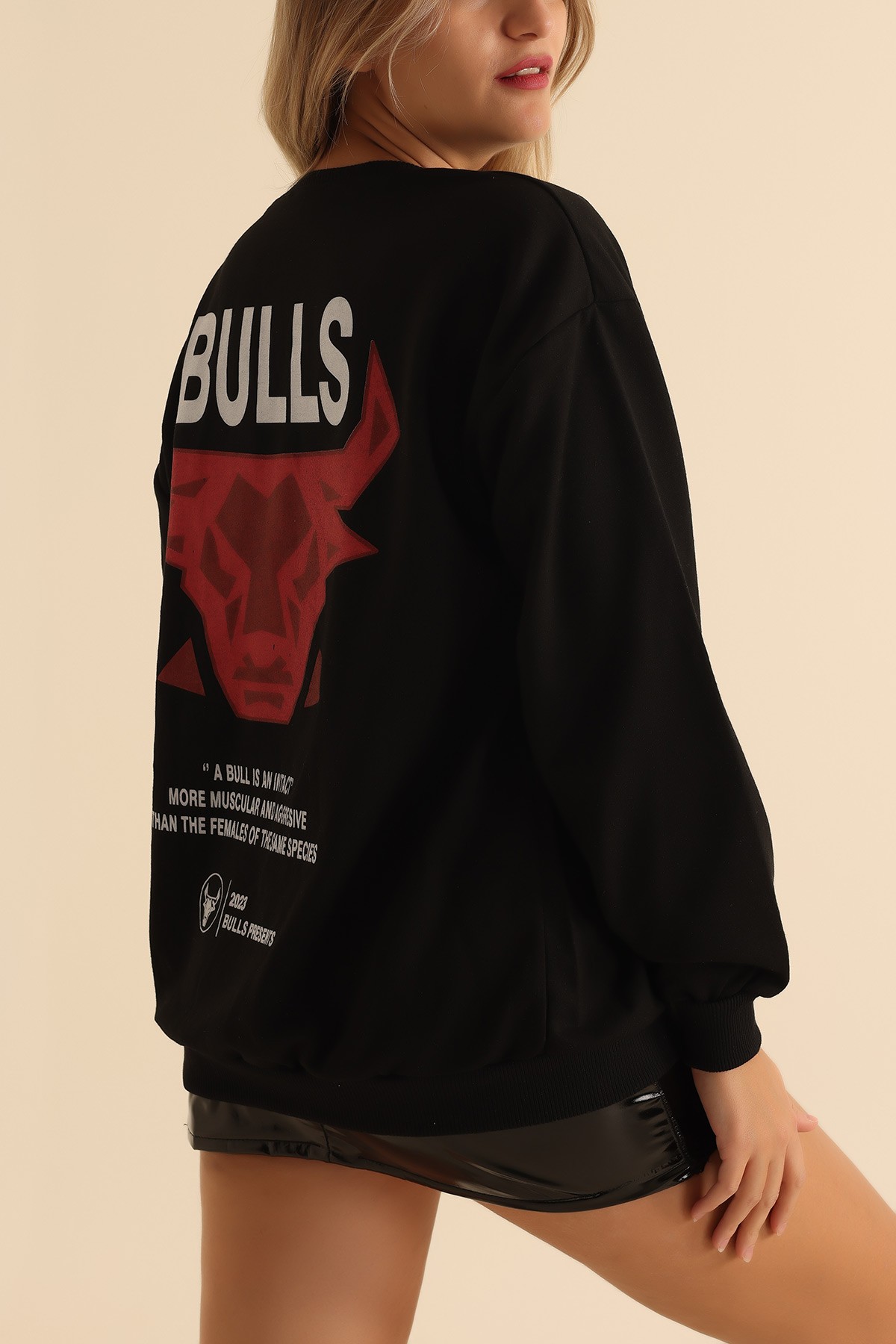 Siyah İki İp Baskılı Oversize Sweat 199632