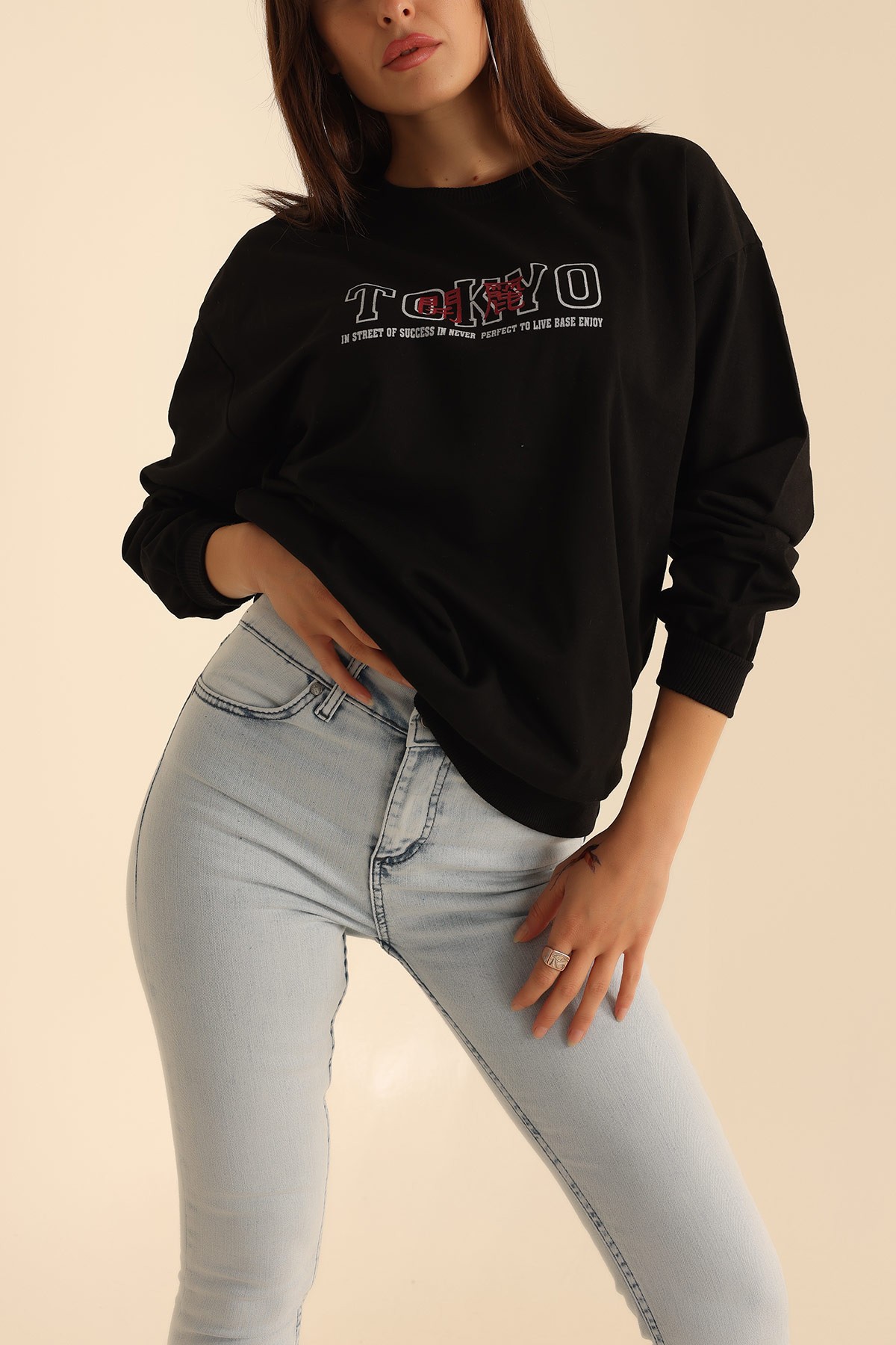 Siyah İki İp Baskılı Oversize Sweat 199635