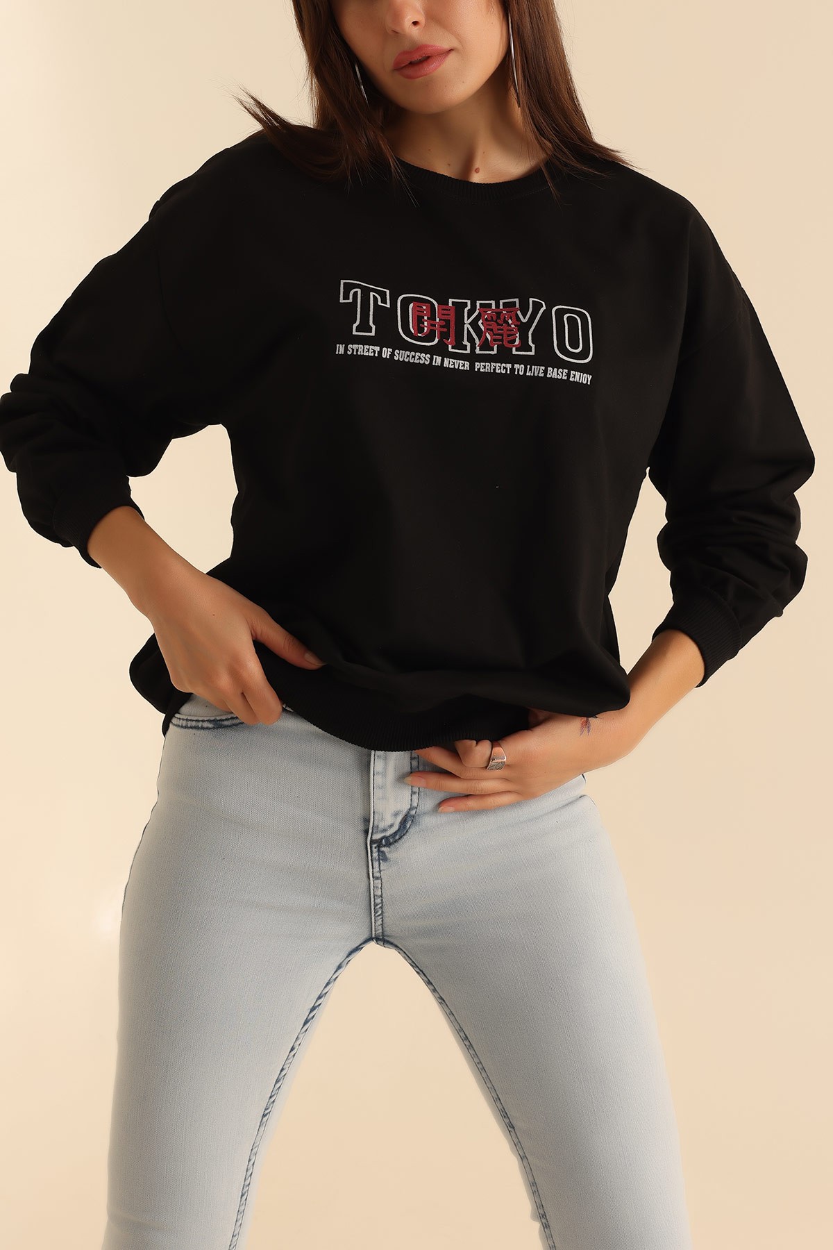 Siyah İki İp Baskılı Oversize Sweat 199635