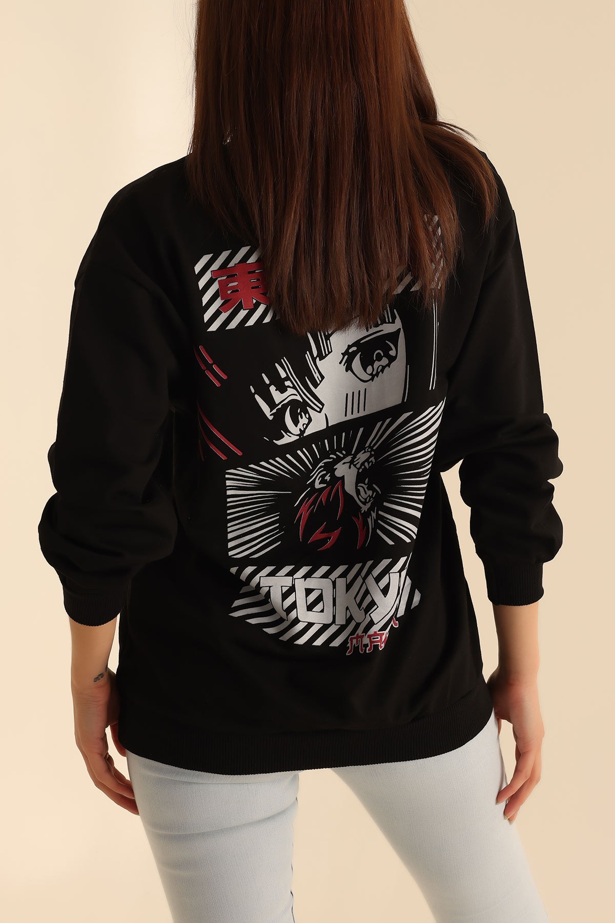 Siyah İki İp Baskılı Oversize Sweat 199635