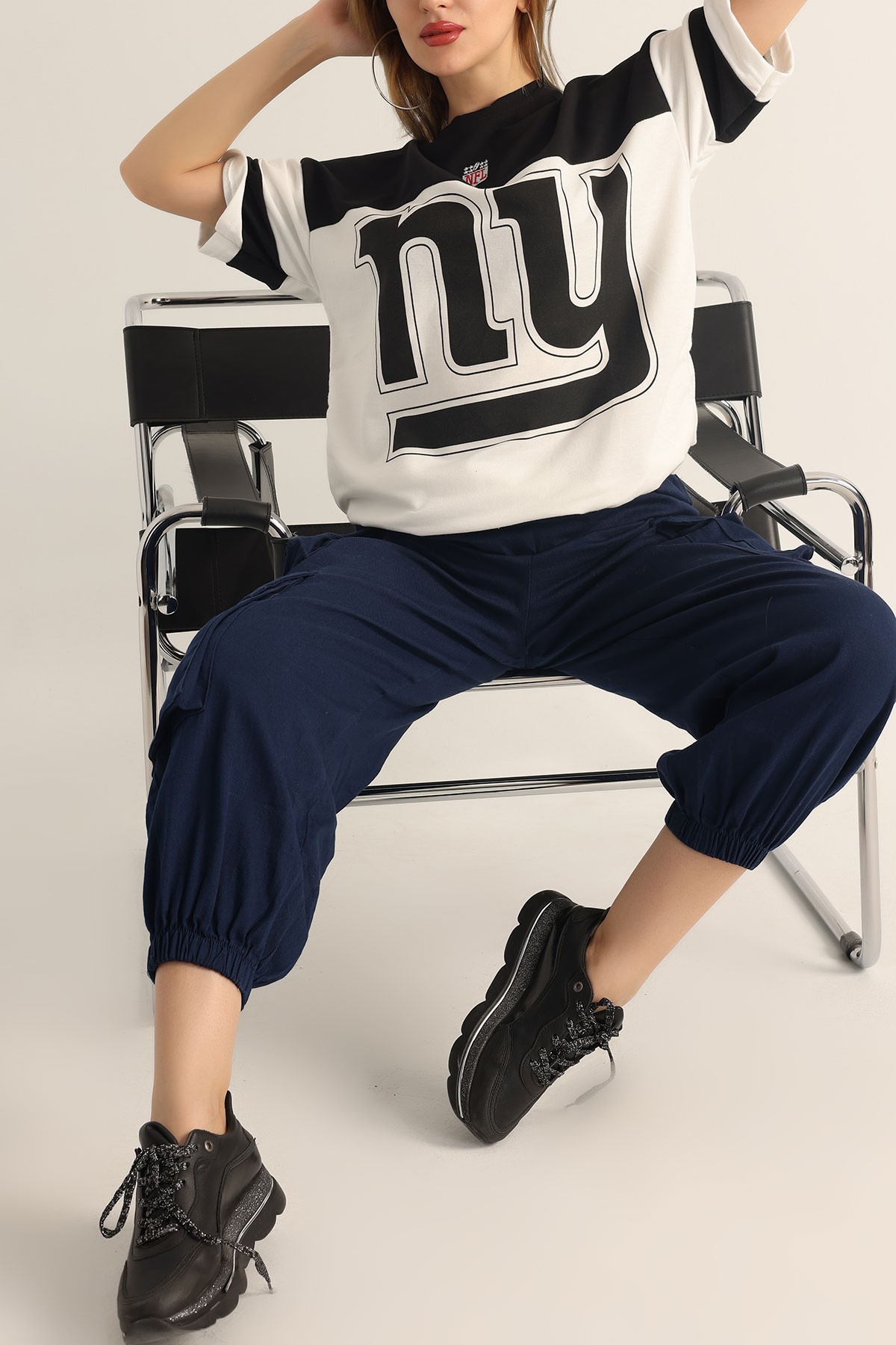 Siyah İki İp Baskılı Oversize Tişört 174449