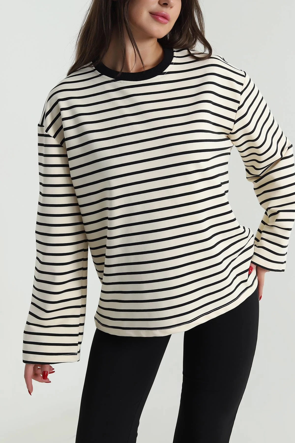 Siyah İki İp Çizgili Kadın Sweat 490507