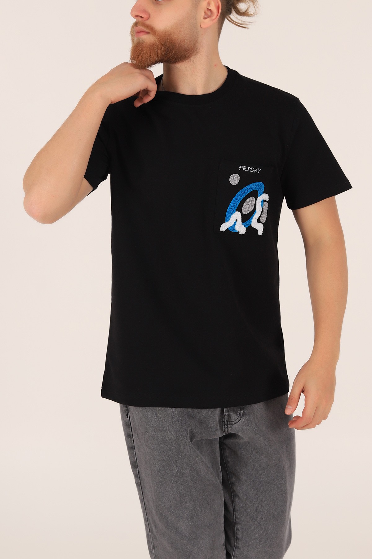 Siyah İki İp İşlemeli Oversize Erkek Tişört 163744