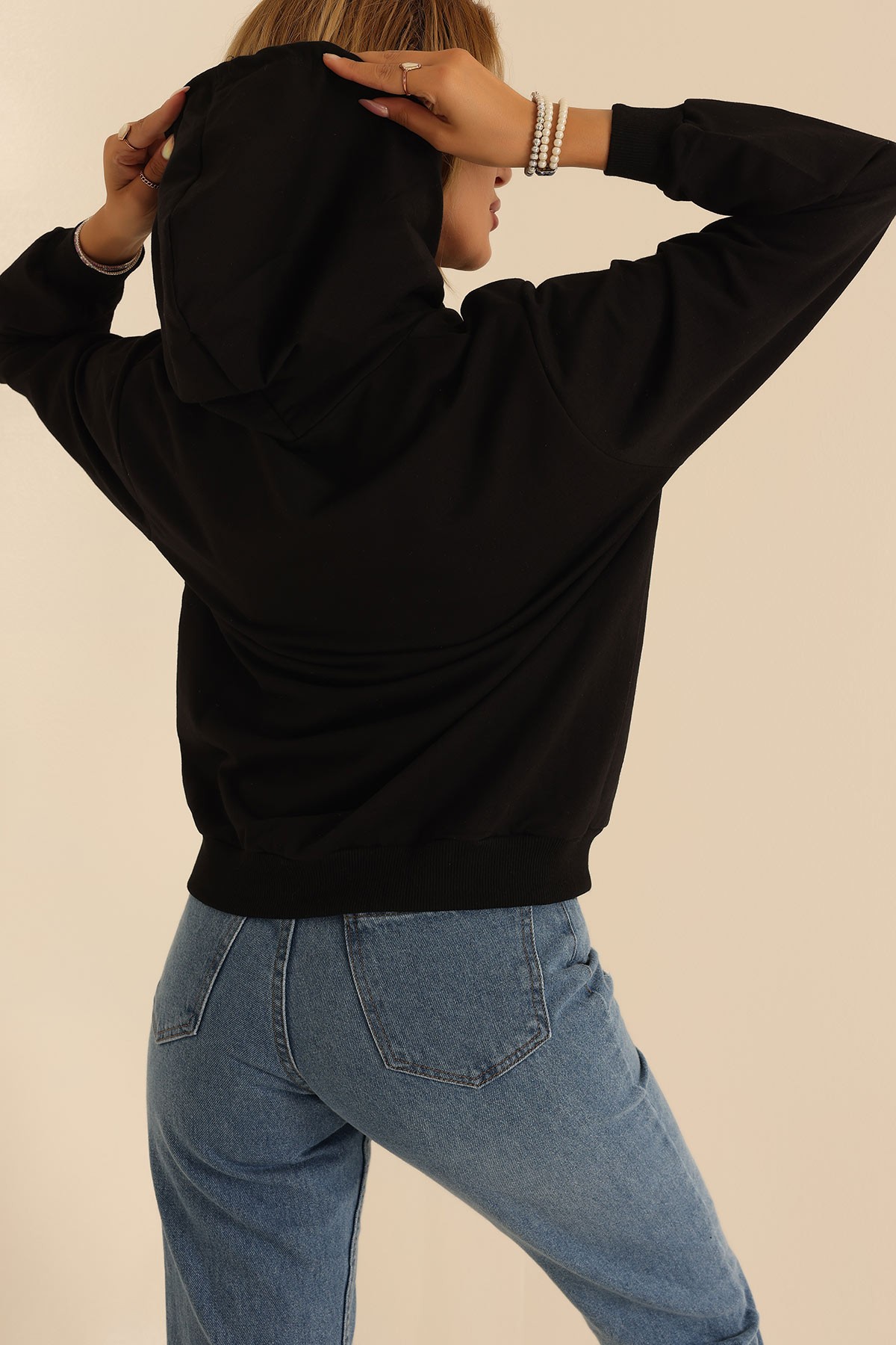 Siyah İki İp Kapüşonlu Bayan Sweat 199565