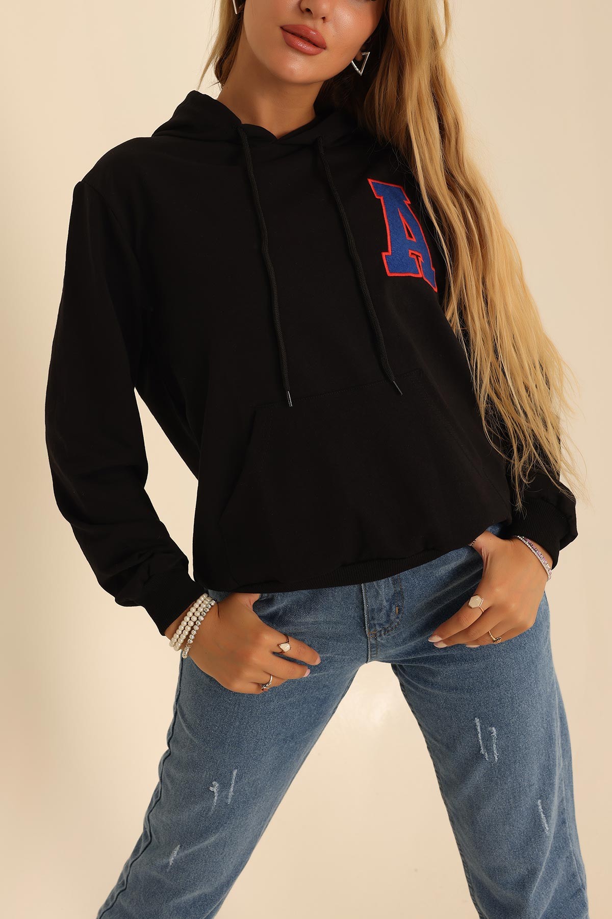 Siyah İki İp Kapüşonlu Bayan Sweat 199565