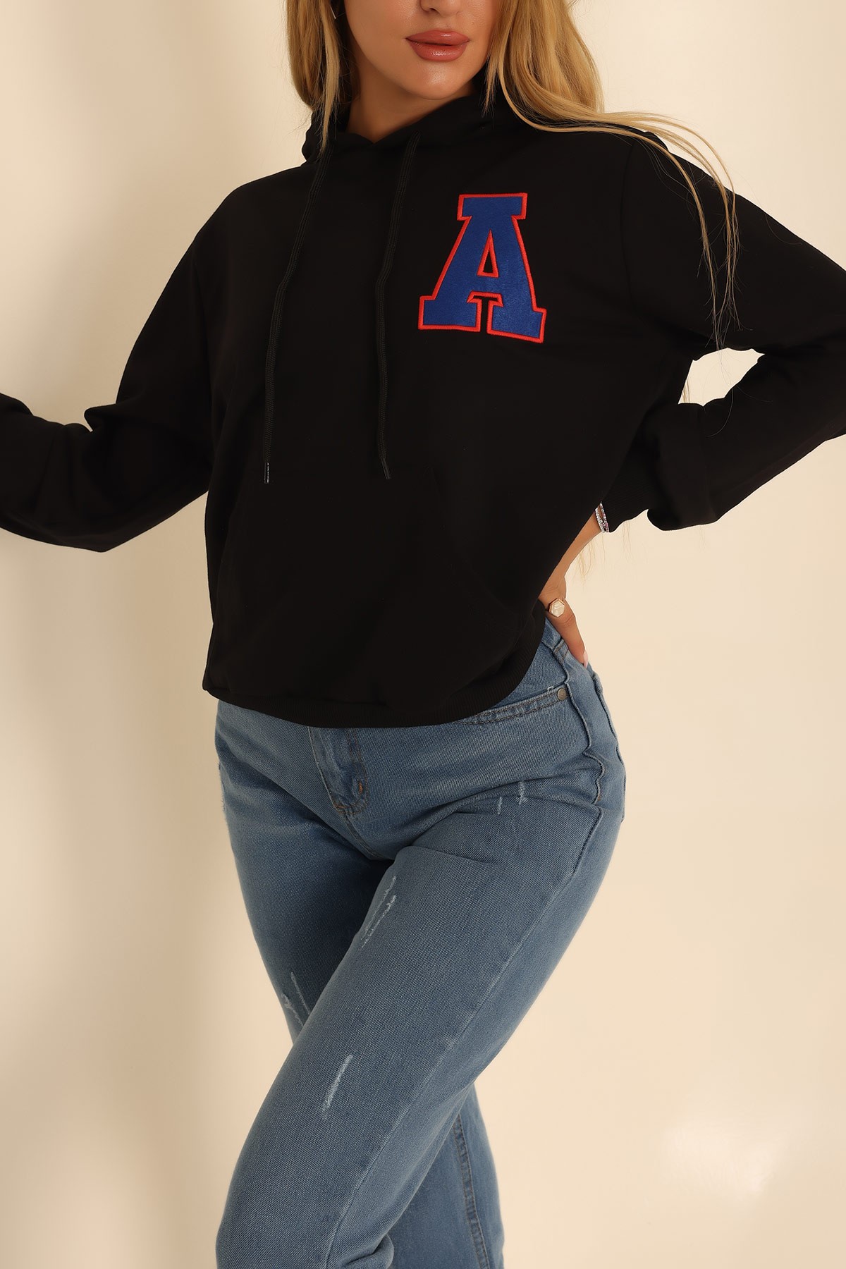 Siyah İki İp Kapüşonlu Bayan Sweat 199565