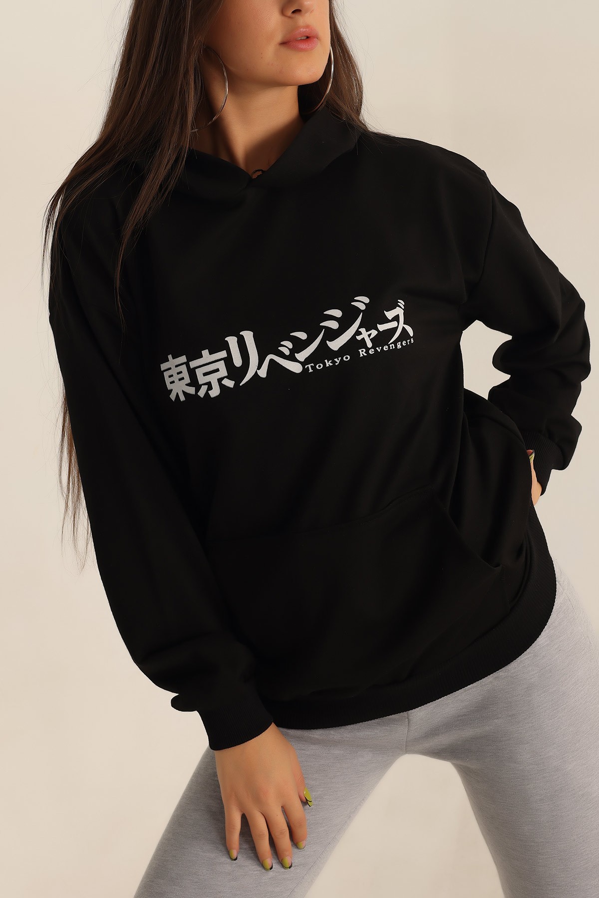 Siyah İki İp Kapüşonlu Bayan Sweat 199591