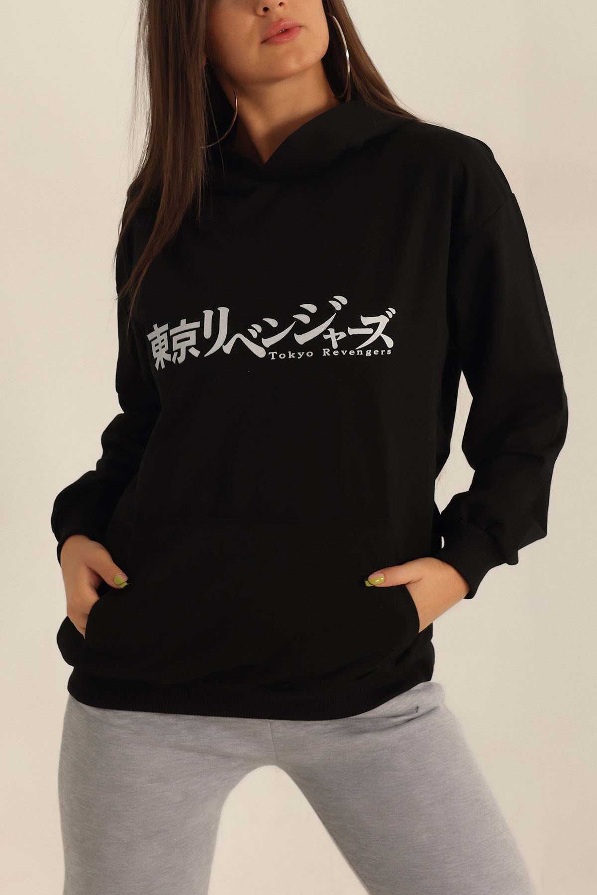 Siyah İki İp Kapüşonlu Bayan Sweat 199591
