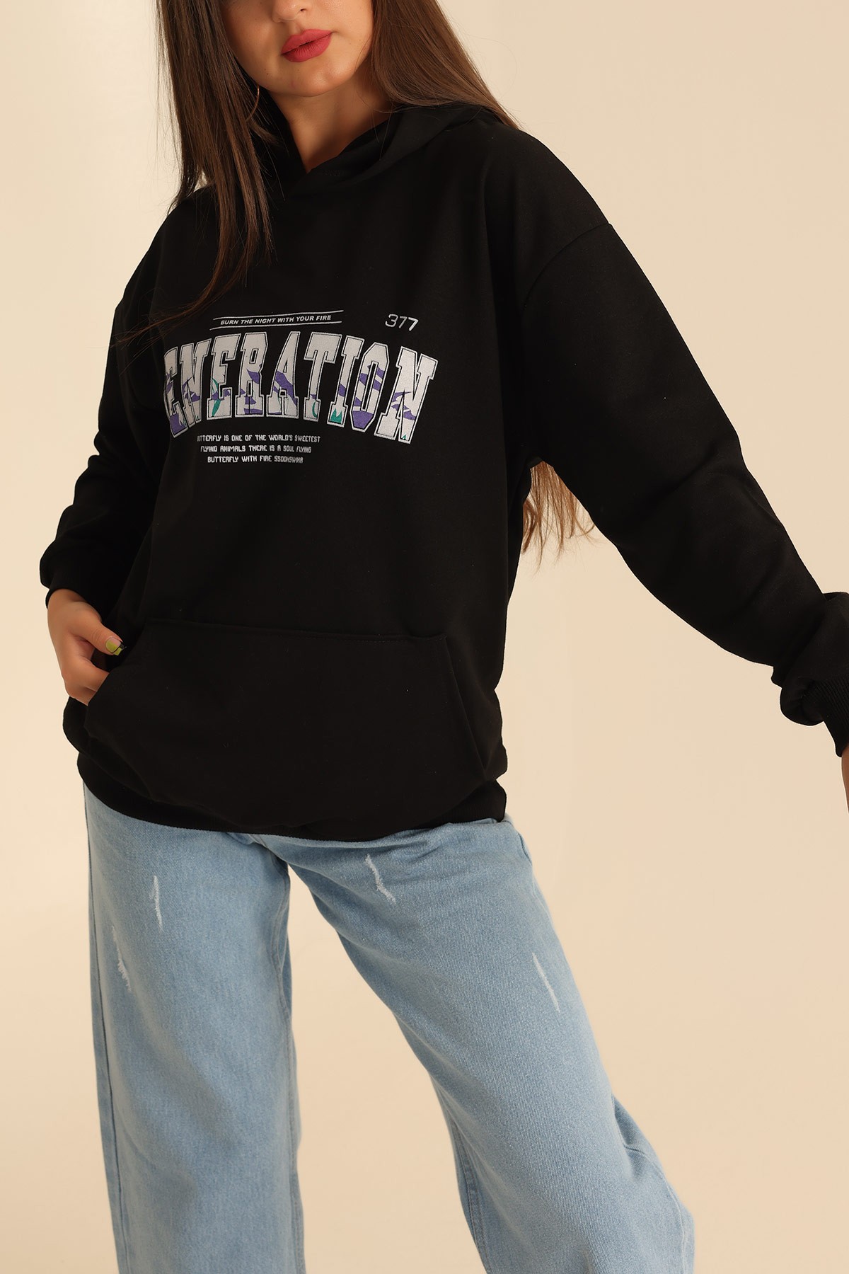 Siyah İki İp Kapüşonlu Bayan Sweat 199600