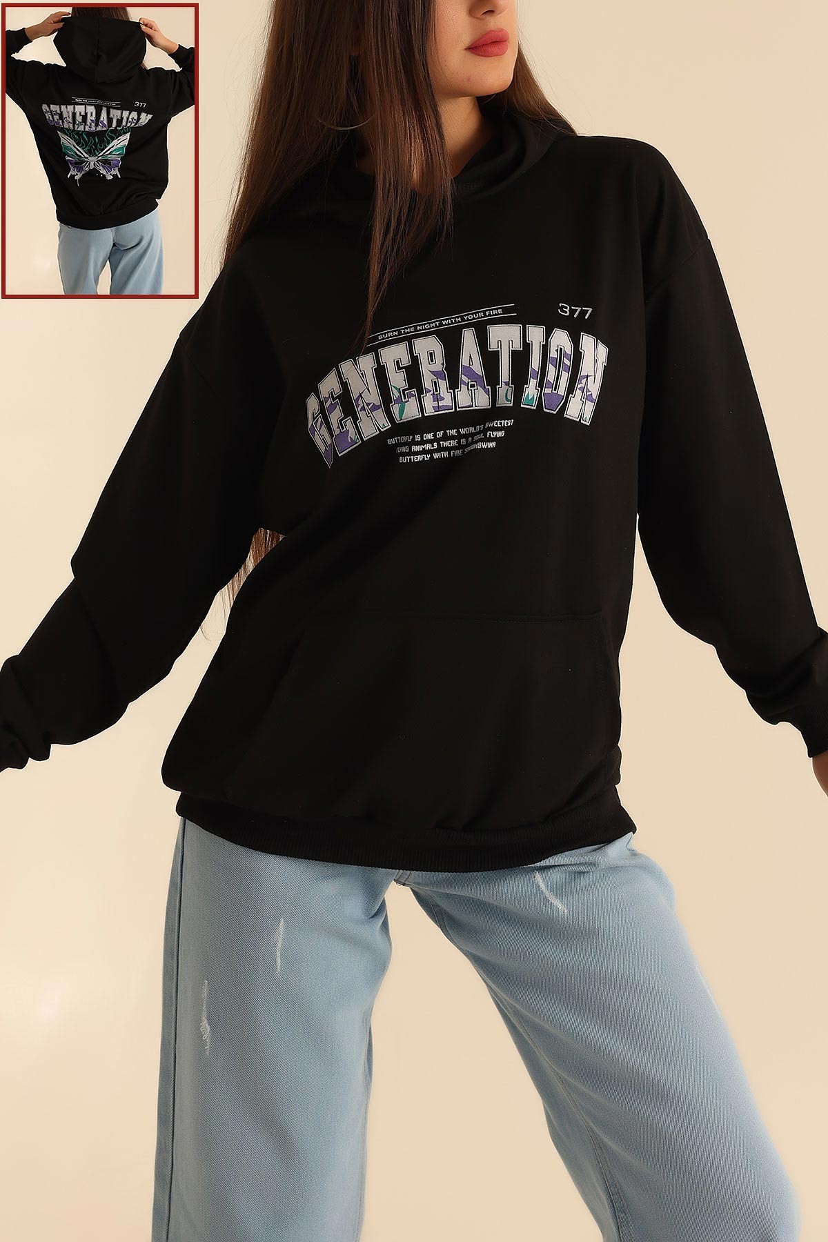 Siyah İki İp Kapüşonlu Bayan Sweat 199600