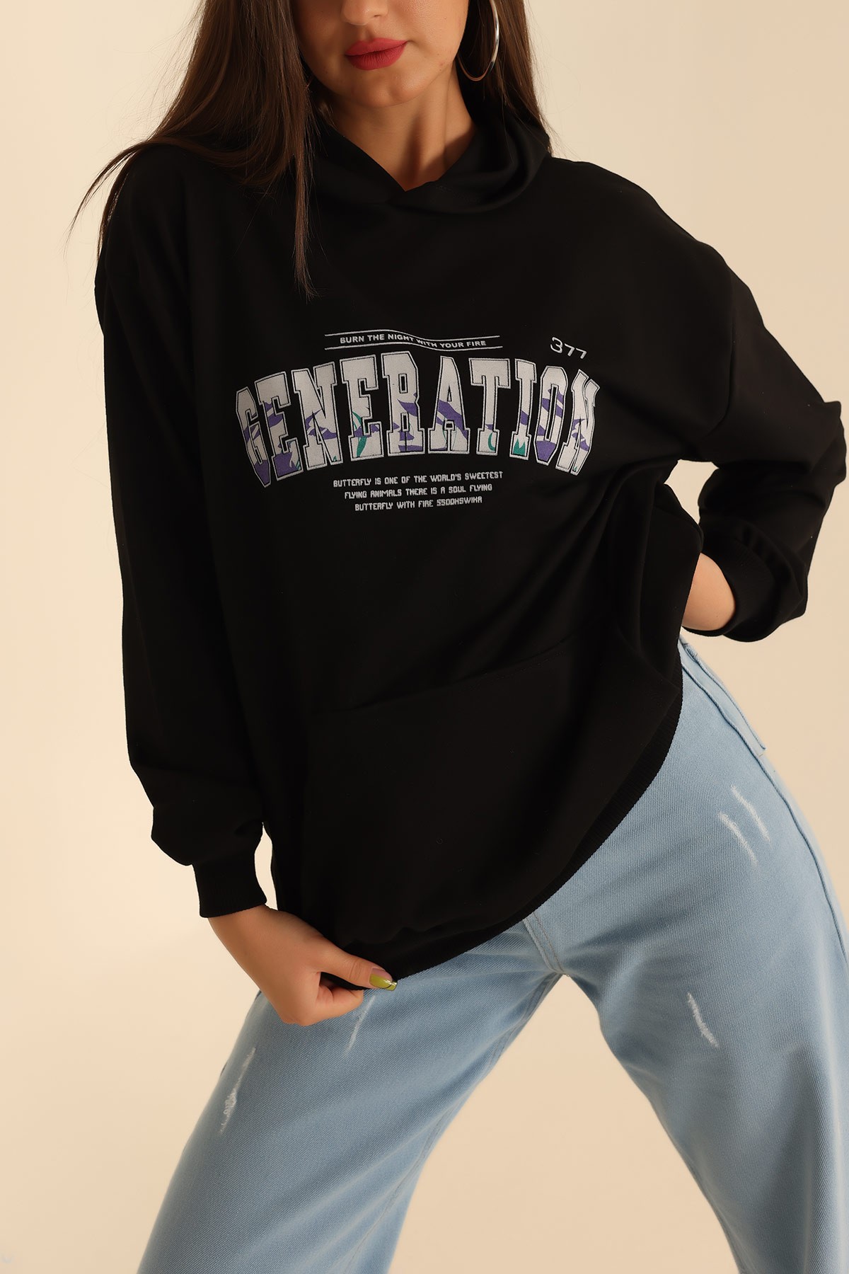 Siyah İki İp Kapüşonlu Bayan Sweat 199600