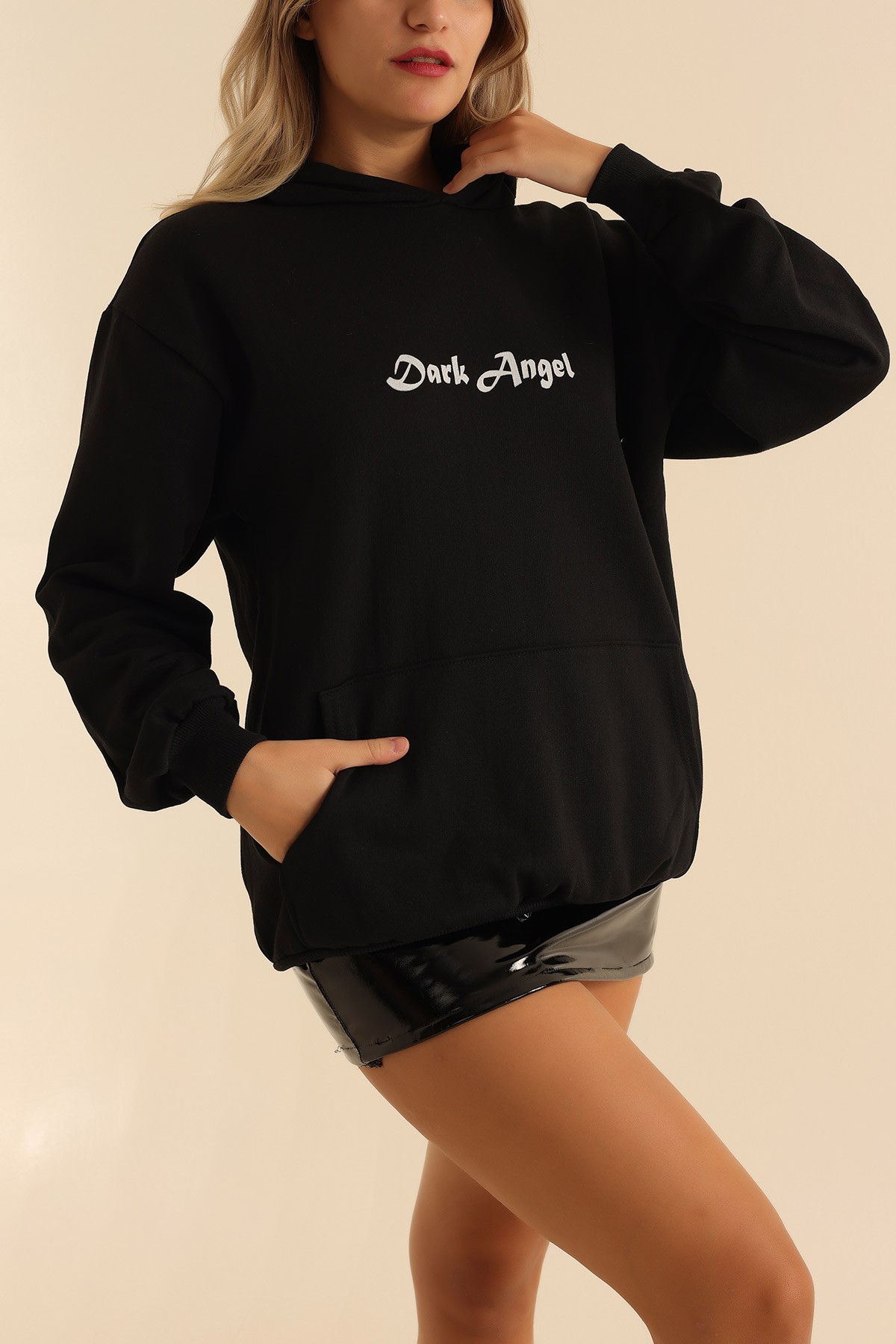 Siyah İki İp Kapüşonlu Bayan Sweat 199603