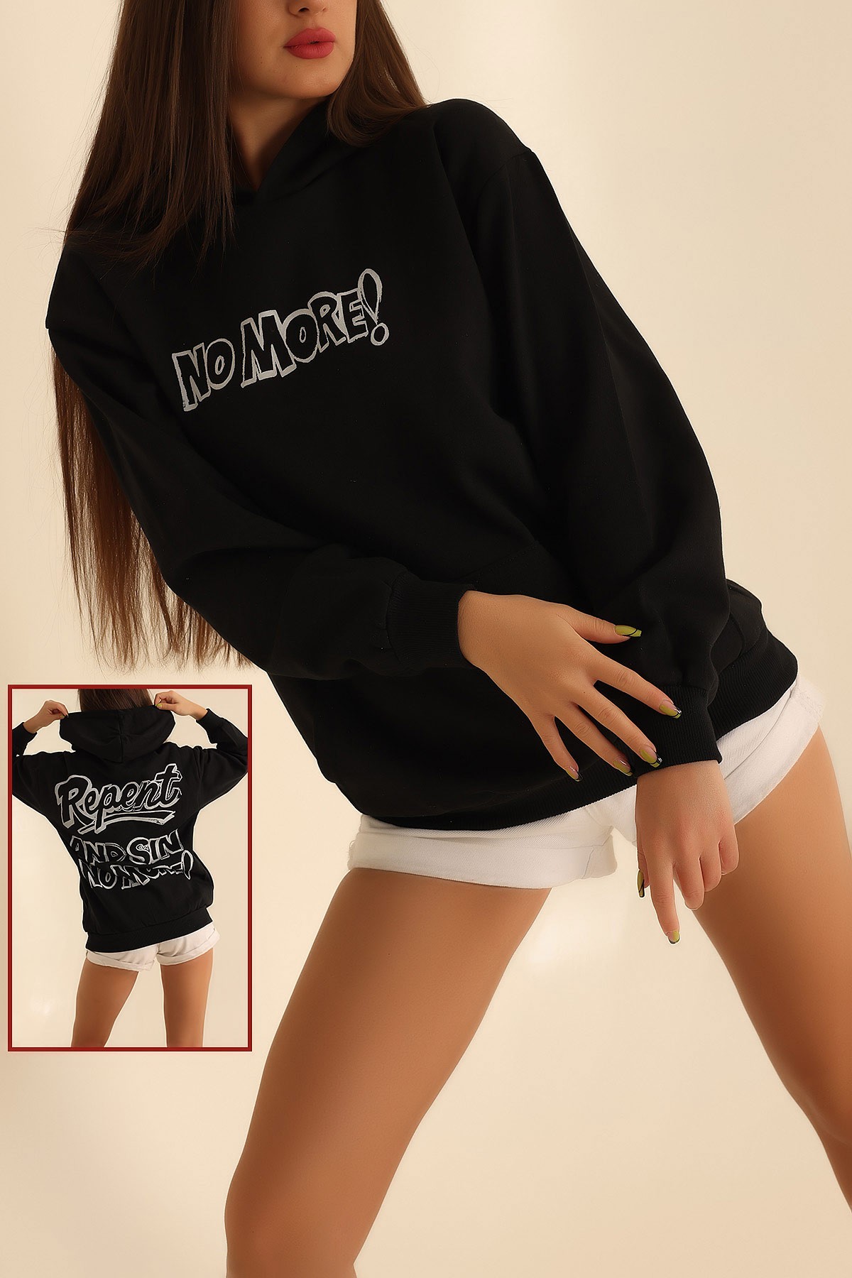 Siyah İki İp Kapüşonlu Bayan Sweat 199606