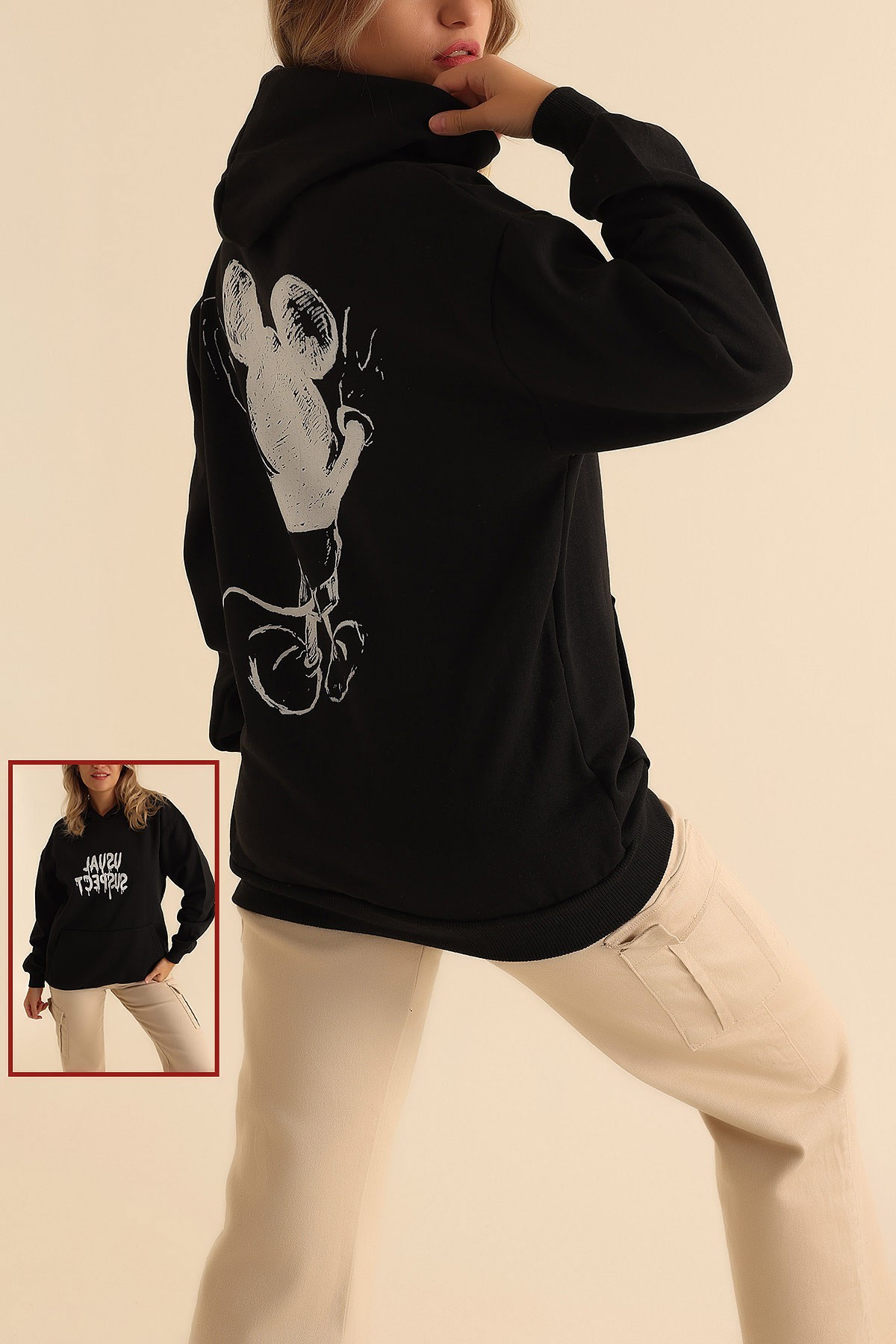 Siyah İki İp Kapüşonlu Bayan Sweat 199609