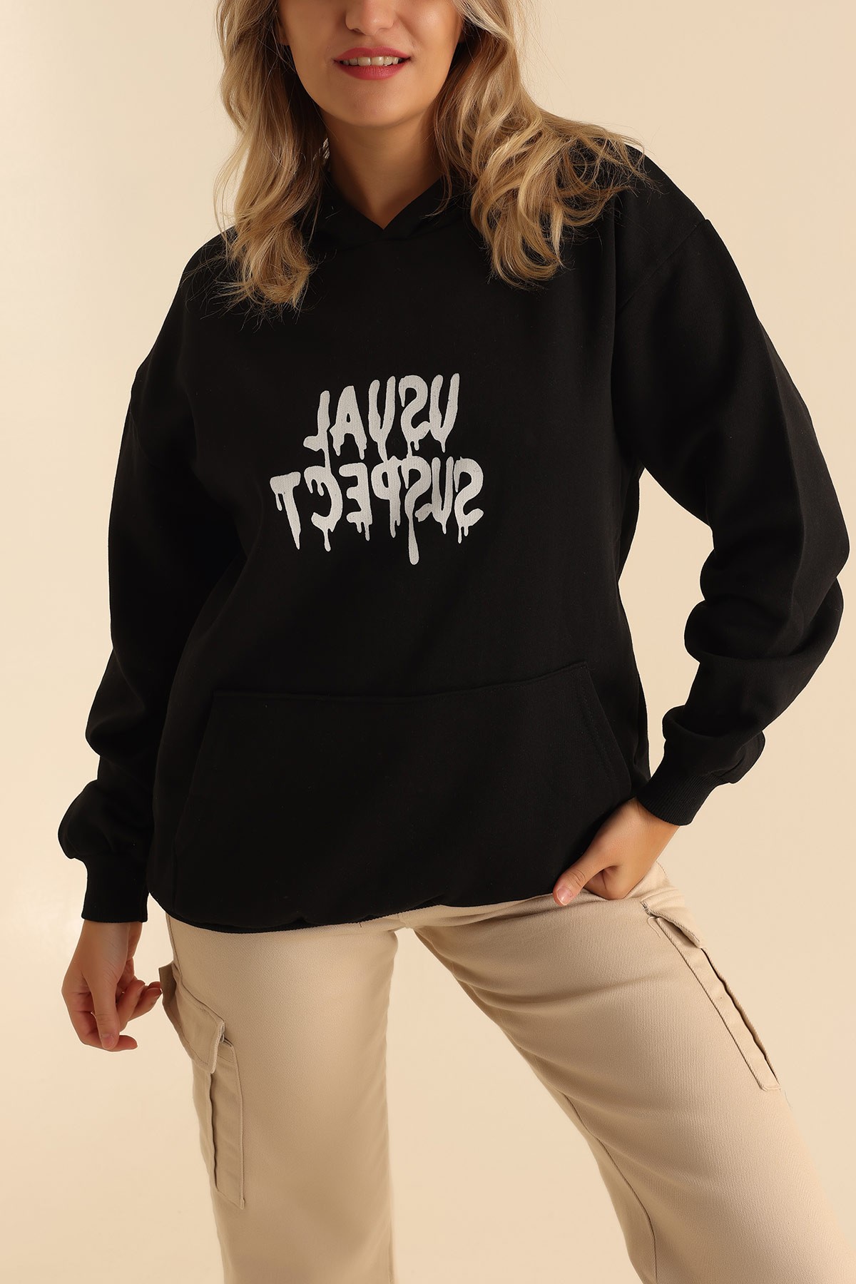 Siyah İki İp Kapüşonlu Bayan Sweat 199609