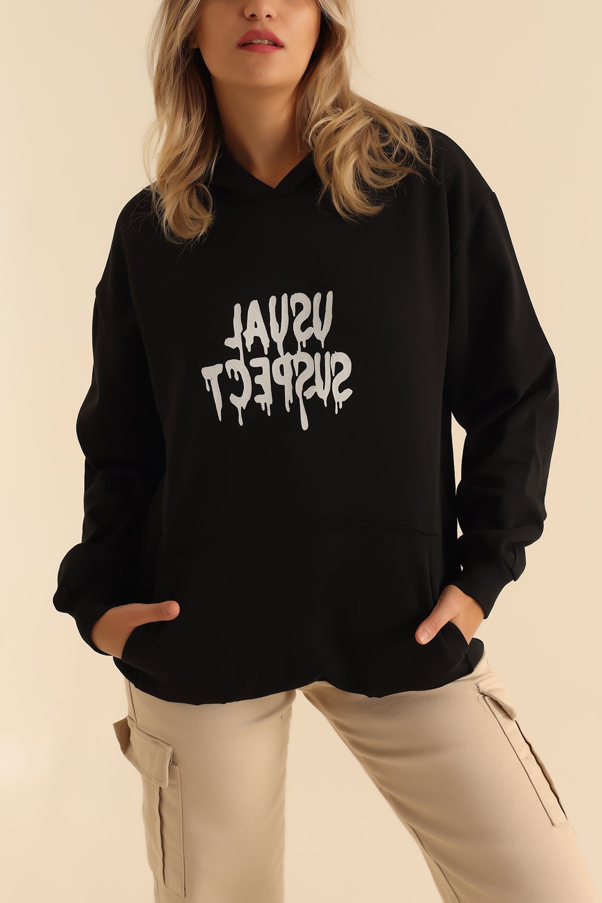 Siyah İki İp Kapüşonlu Bayan Sweat 199609