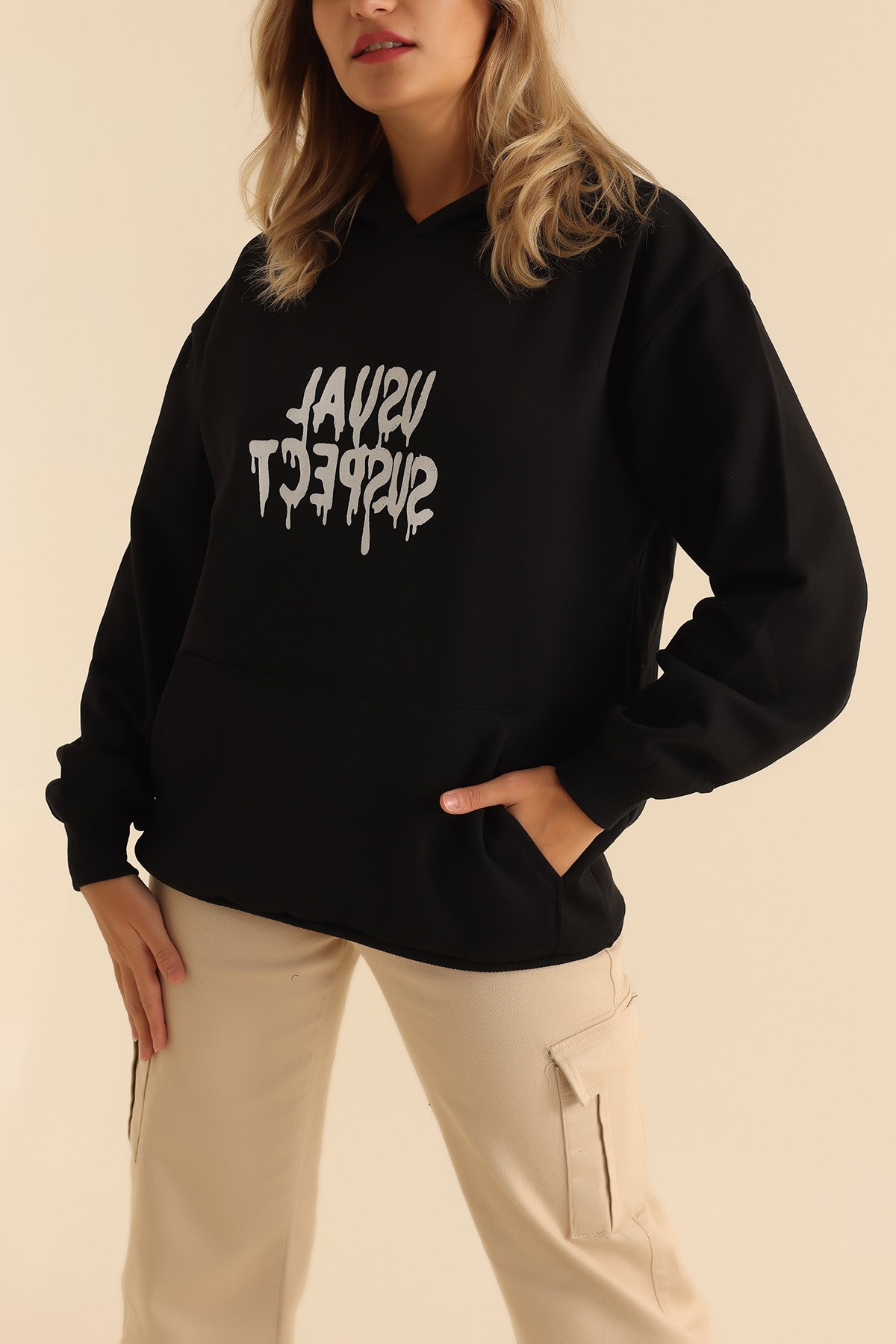 Siyah İki İp Kapüşonlu Bayan Sweat 199609