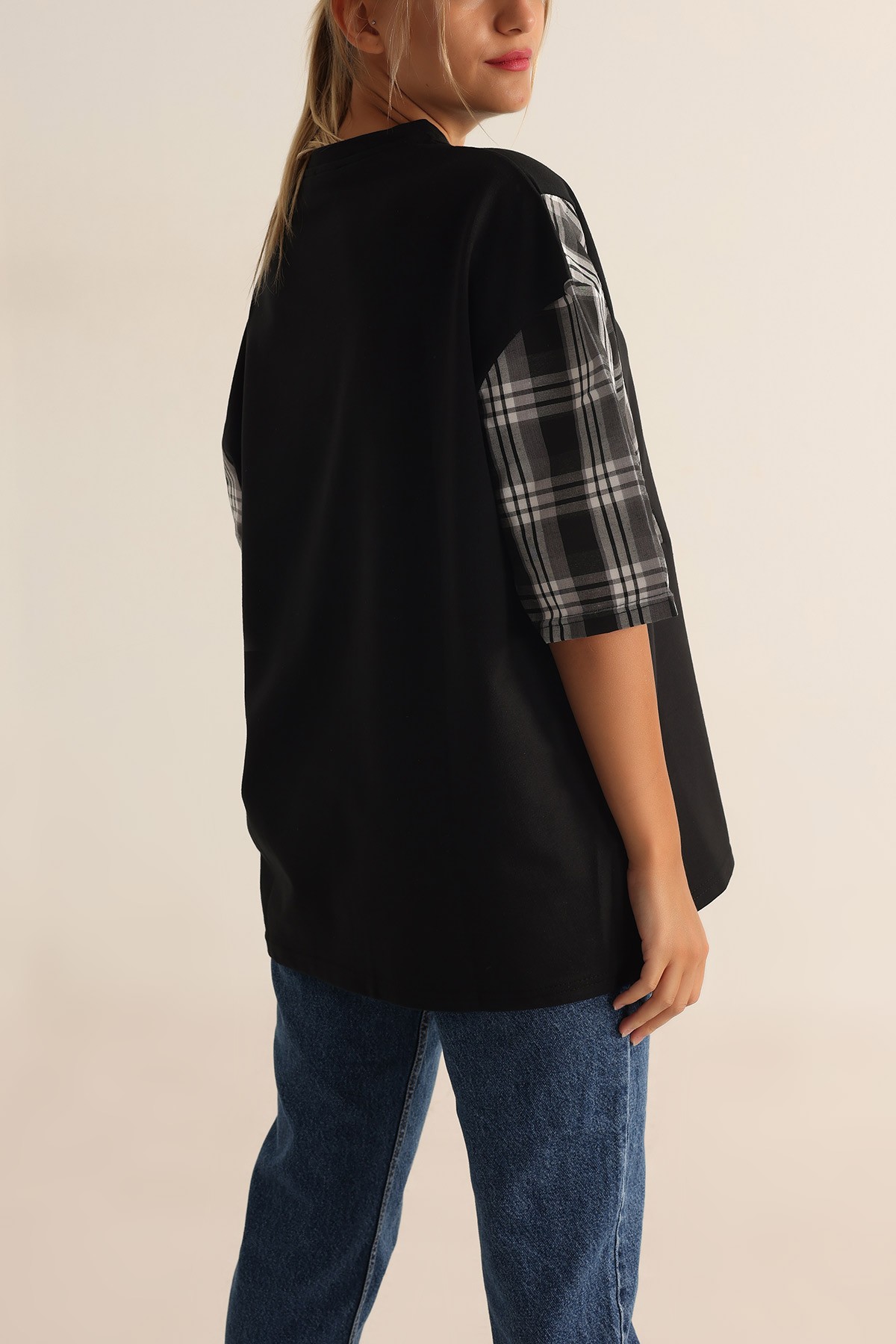 Siyah İki İp Oversize Bayan Tişört 193620