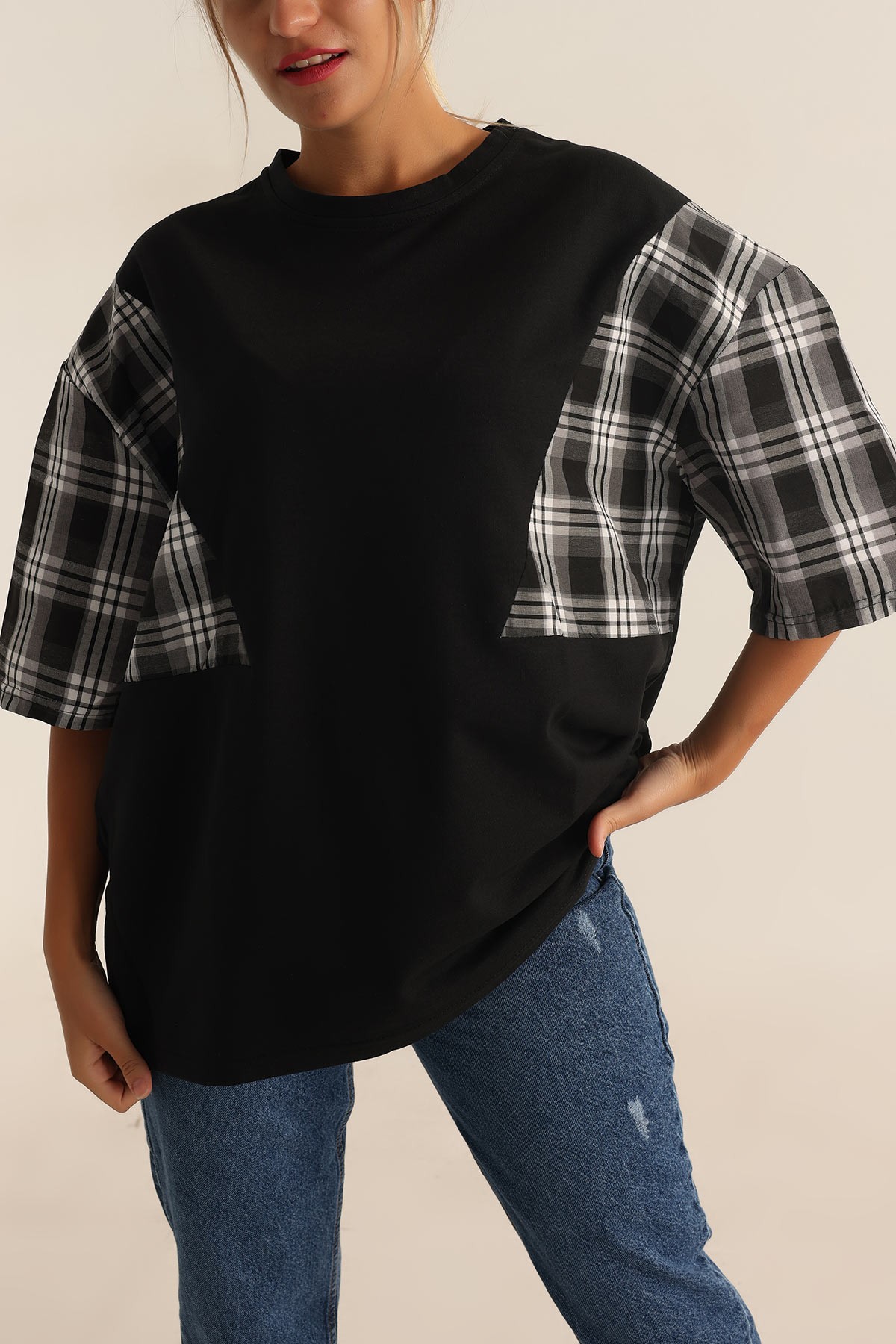 Siyah İki İp Oversize Bayan Tişört 193620