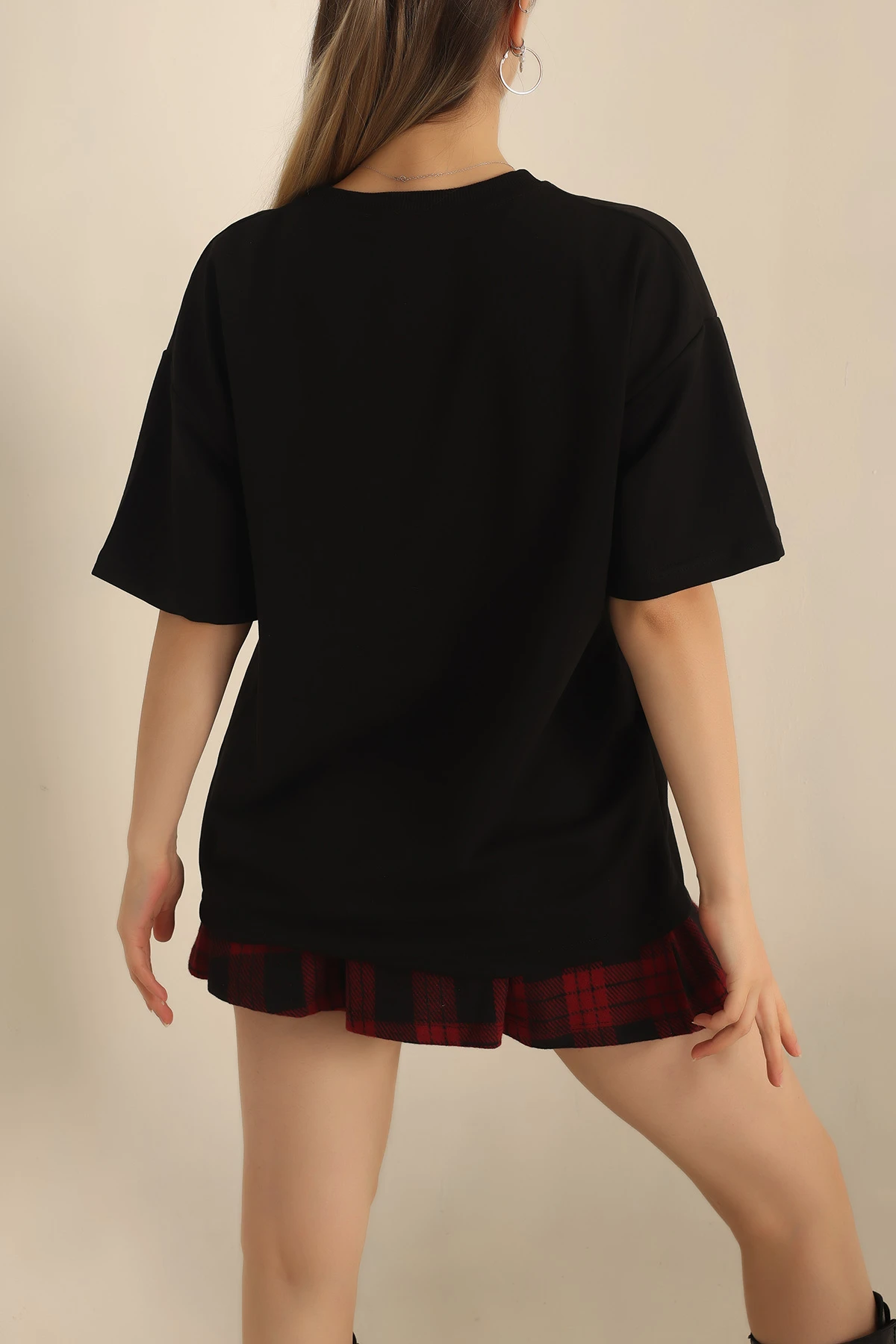 Siyah İki İp Oversize Bayan Tişört 234375
