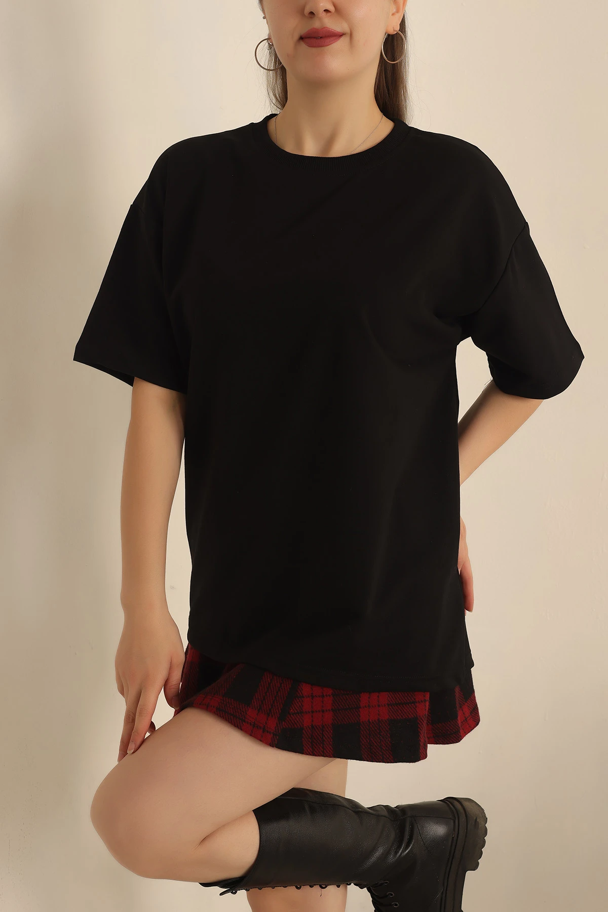 Siyah İki İp Oversize Bayan Tişört 234375