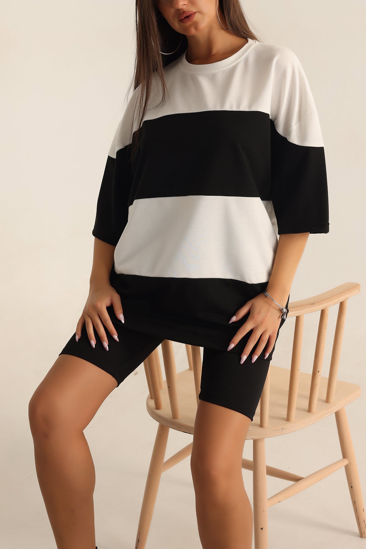 Siyah İki İp Oversize Bayan Tişört -T 169558