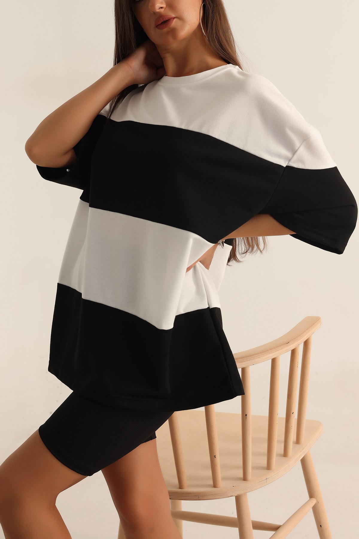Siyah İki İp Oversize Bayan Tişört -T 169558