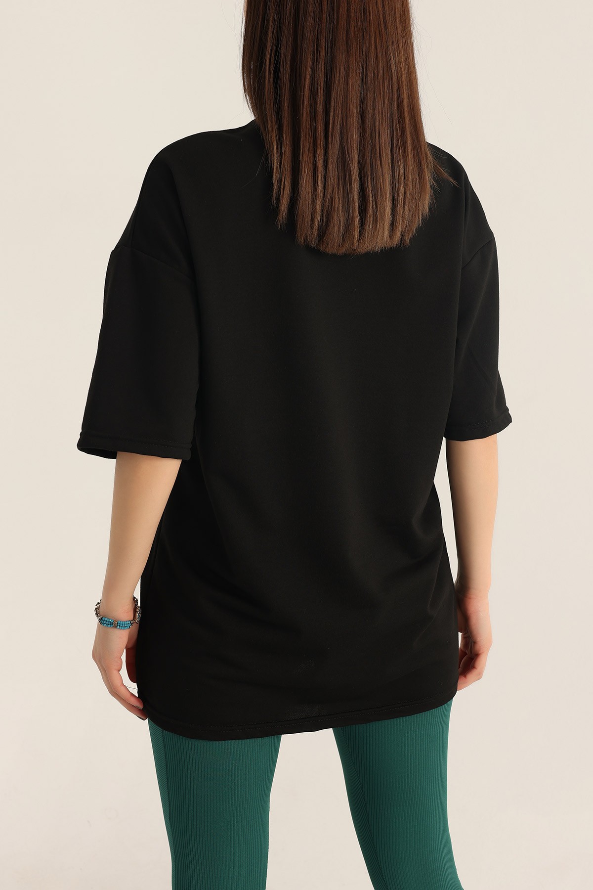 Siyah İki İp Süzene Cepli Oversize Tişört 174445