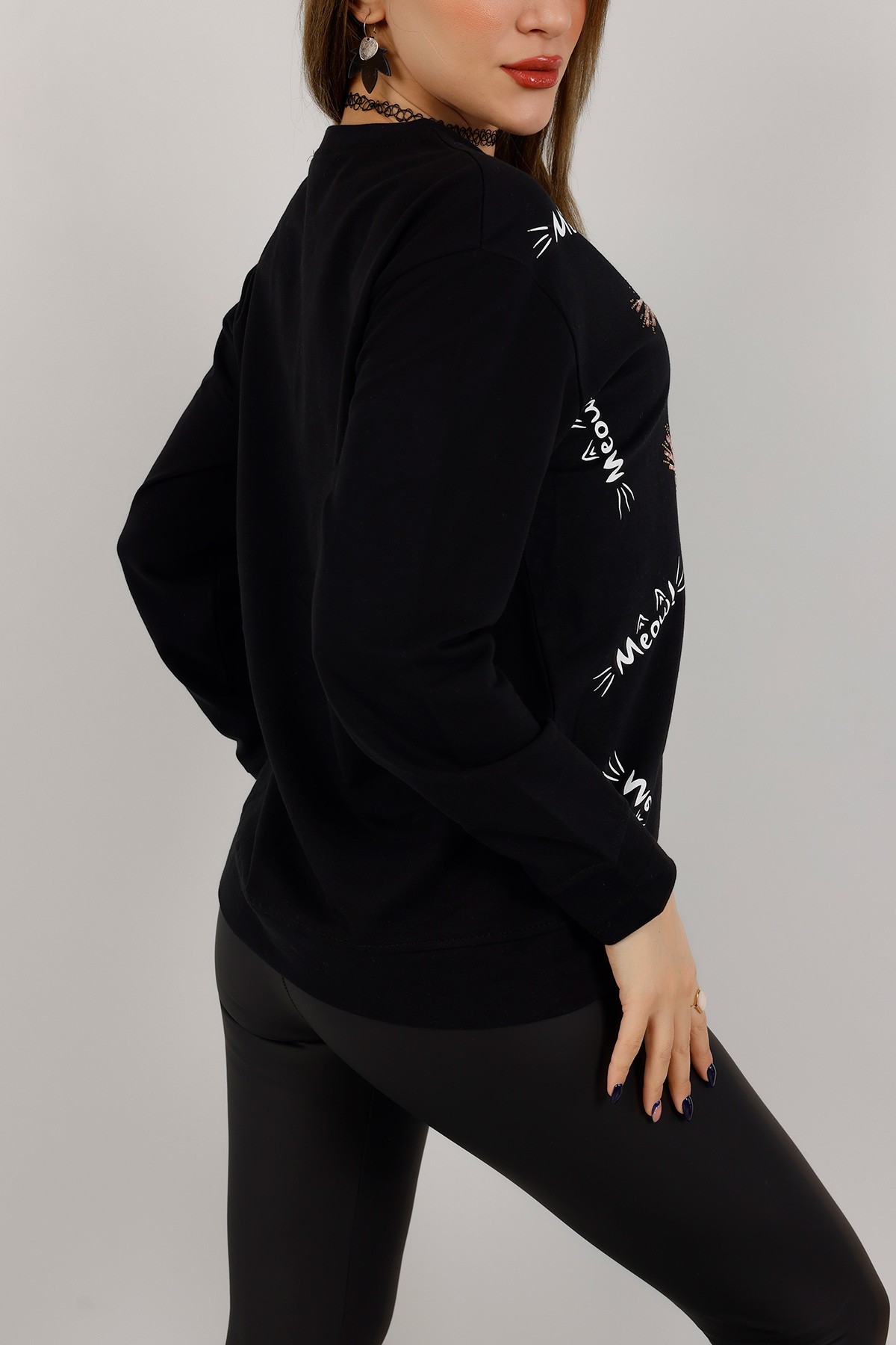 Siyah İki İp Taş İşlemeli Sweat 155401