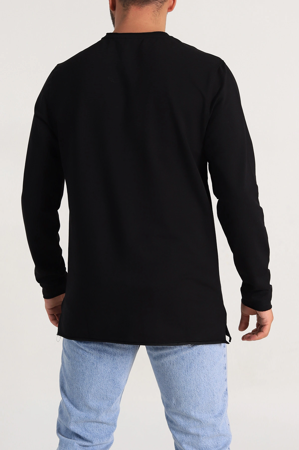 Siyah İki İp Yırtık Yaka Detaylı Basic Erkek Sweatshirt 299818