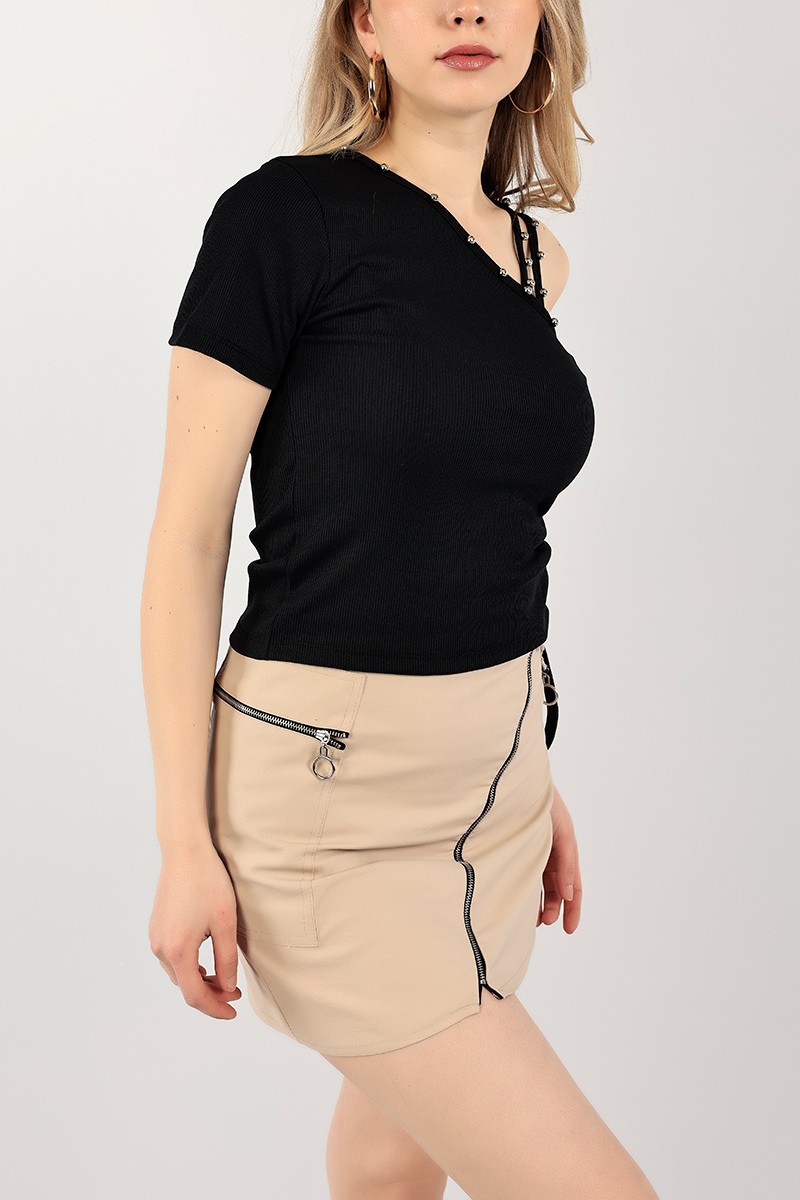Siyah İnci Detay Büzgülü Bluz 106378
