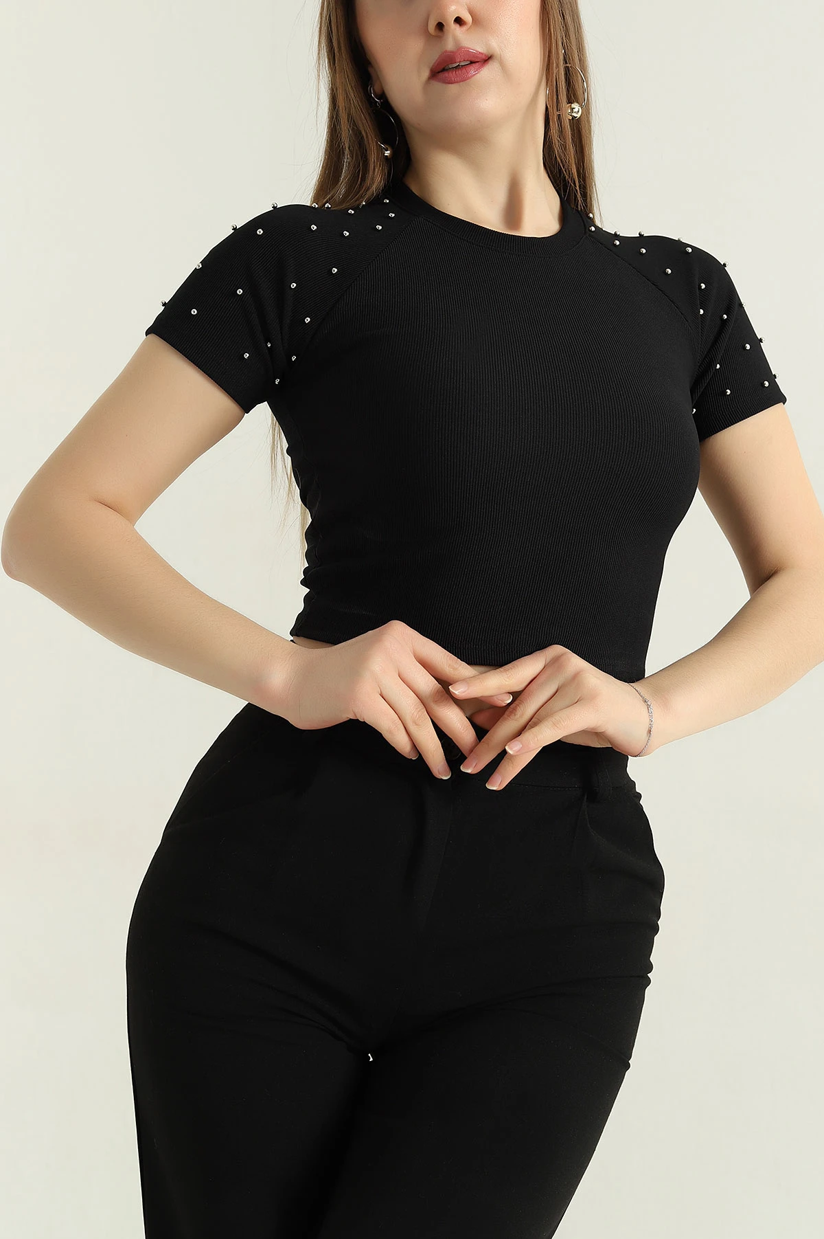 Siyah İnci Detay Ottoman Kadın Bluz 348419