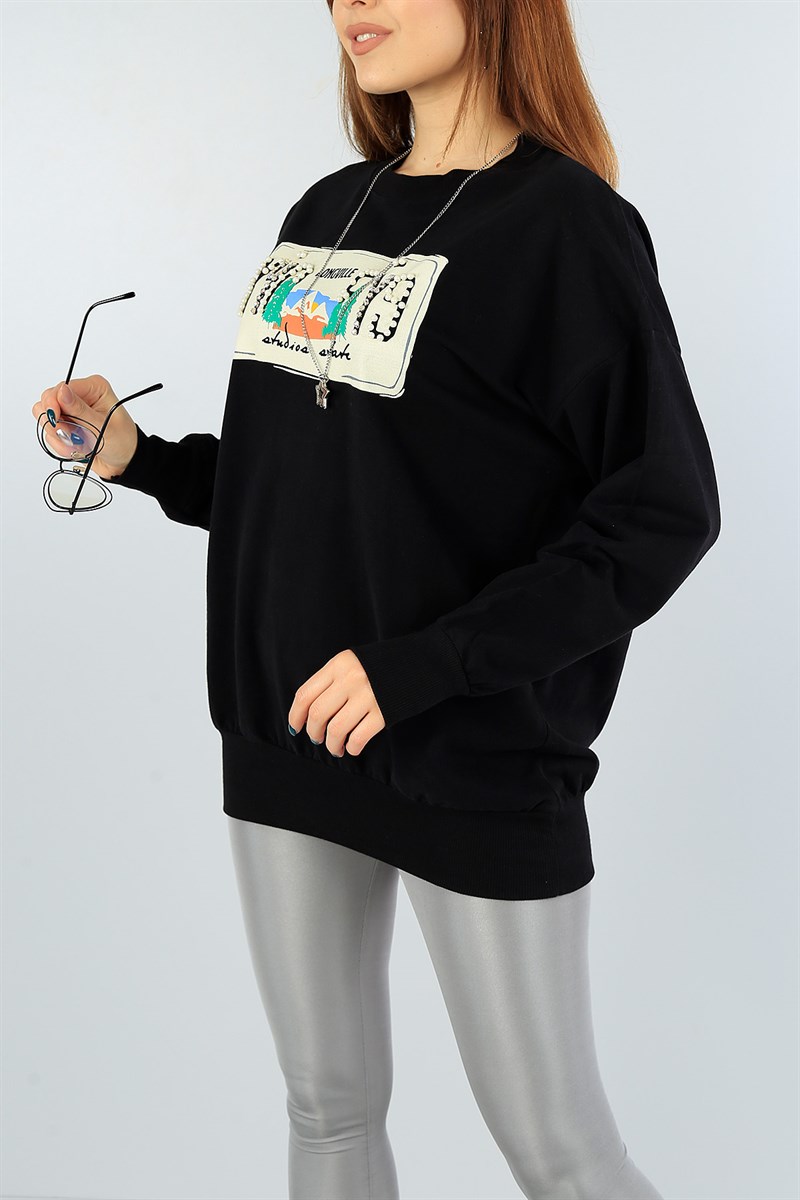 Siyah İnci ve Taş İşlemeli Bayan Sweat 46545