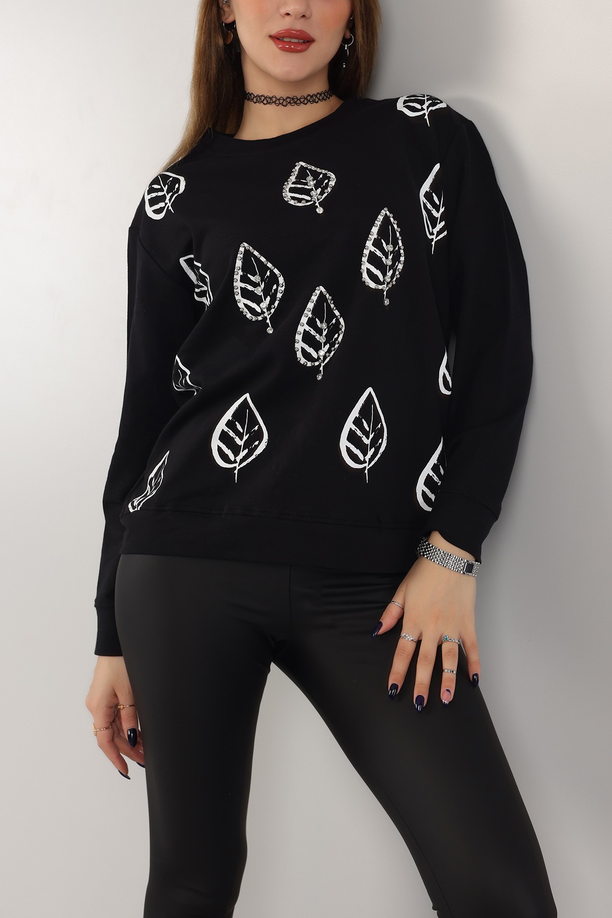 Siyah İnci ve Taş İşlemeli Sweat 155408