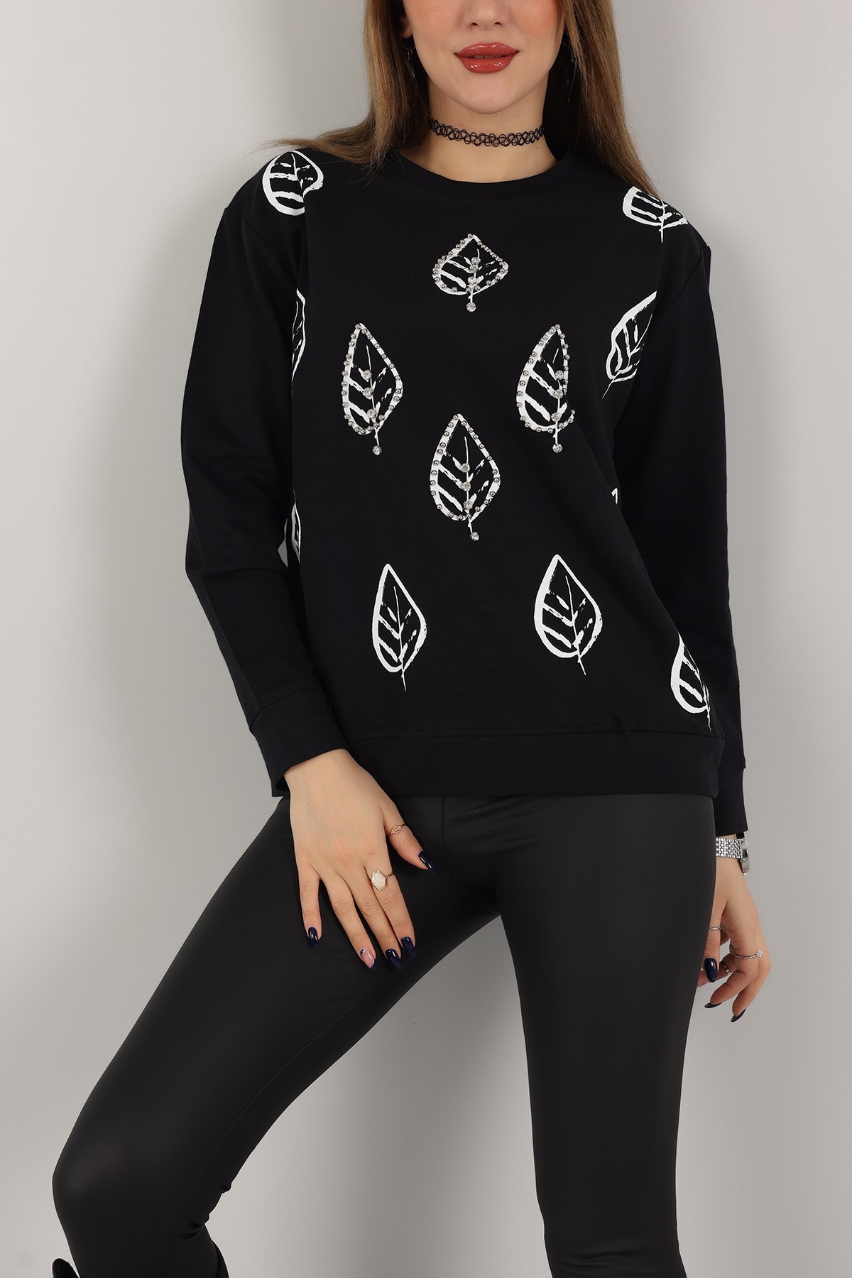 Siyah İnci ve Taş İşlemeli Sweat 155408