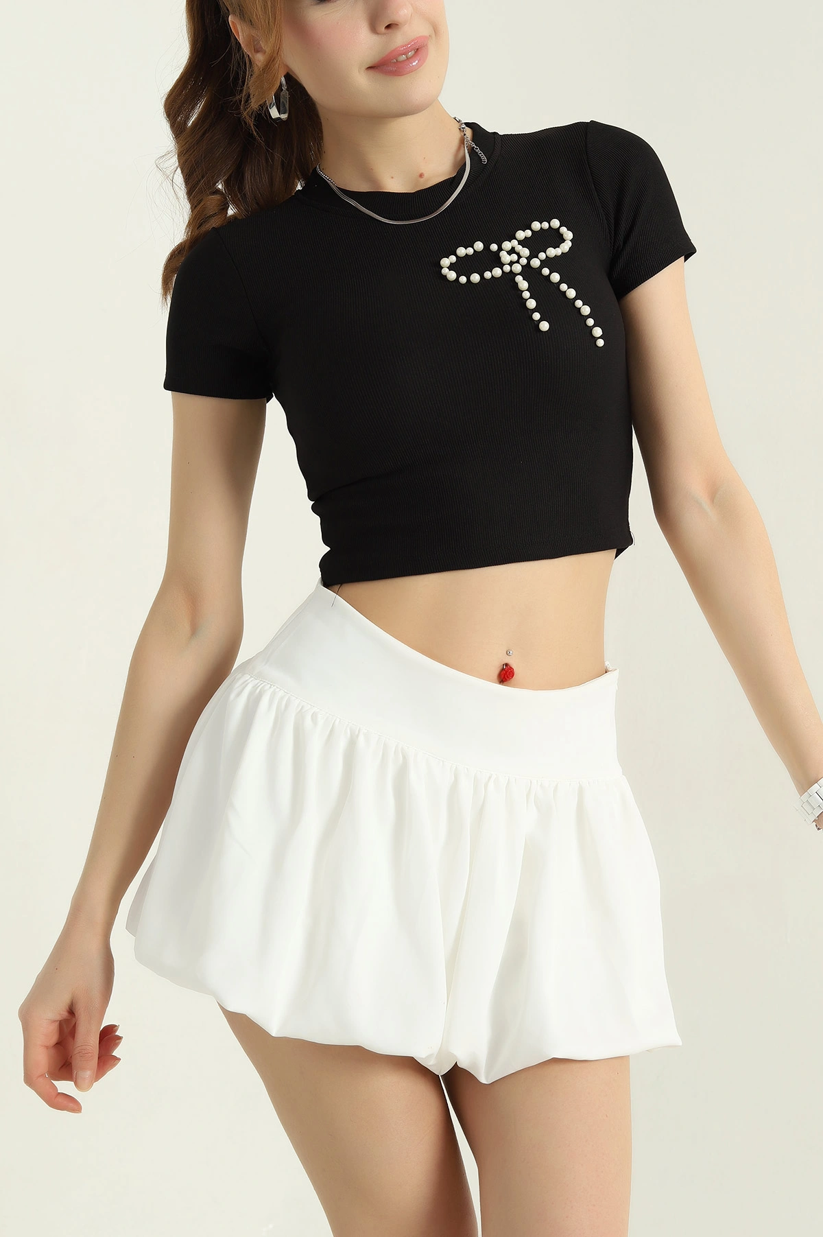 Siyah İncili Fiyonk Ottoman Kadın Bluz 346983