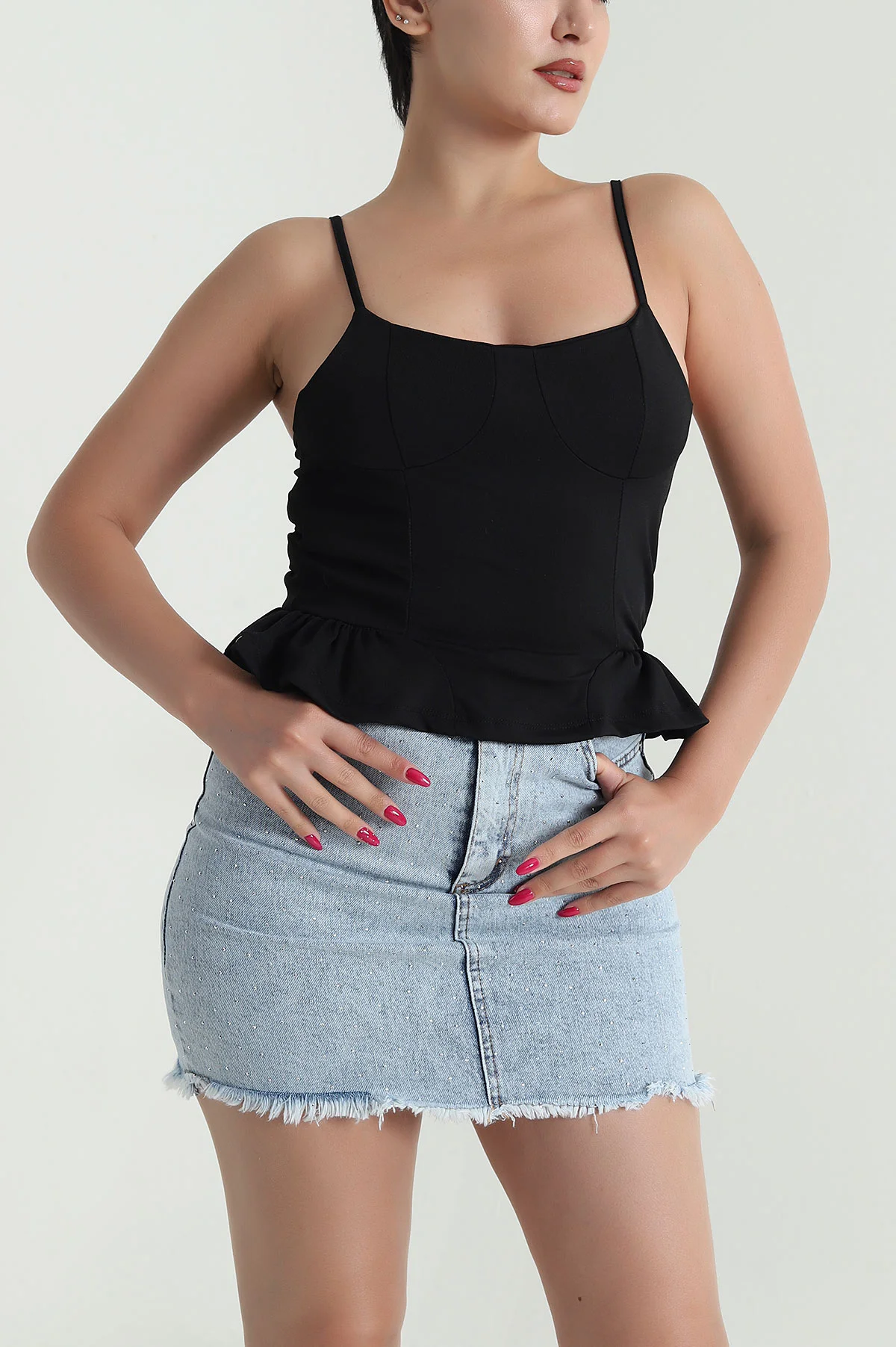 Siyah İp Askılı Kadın Yazlık Scuba Kadın Bluz 476031