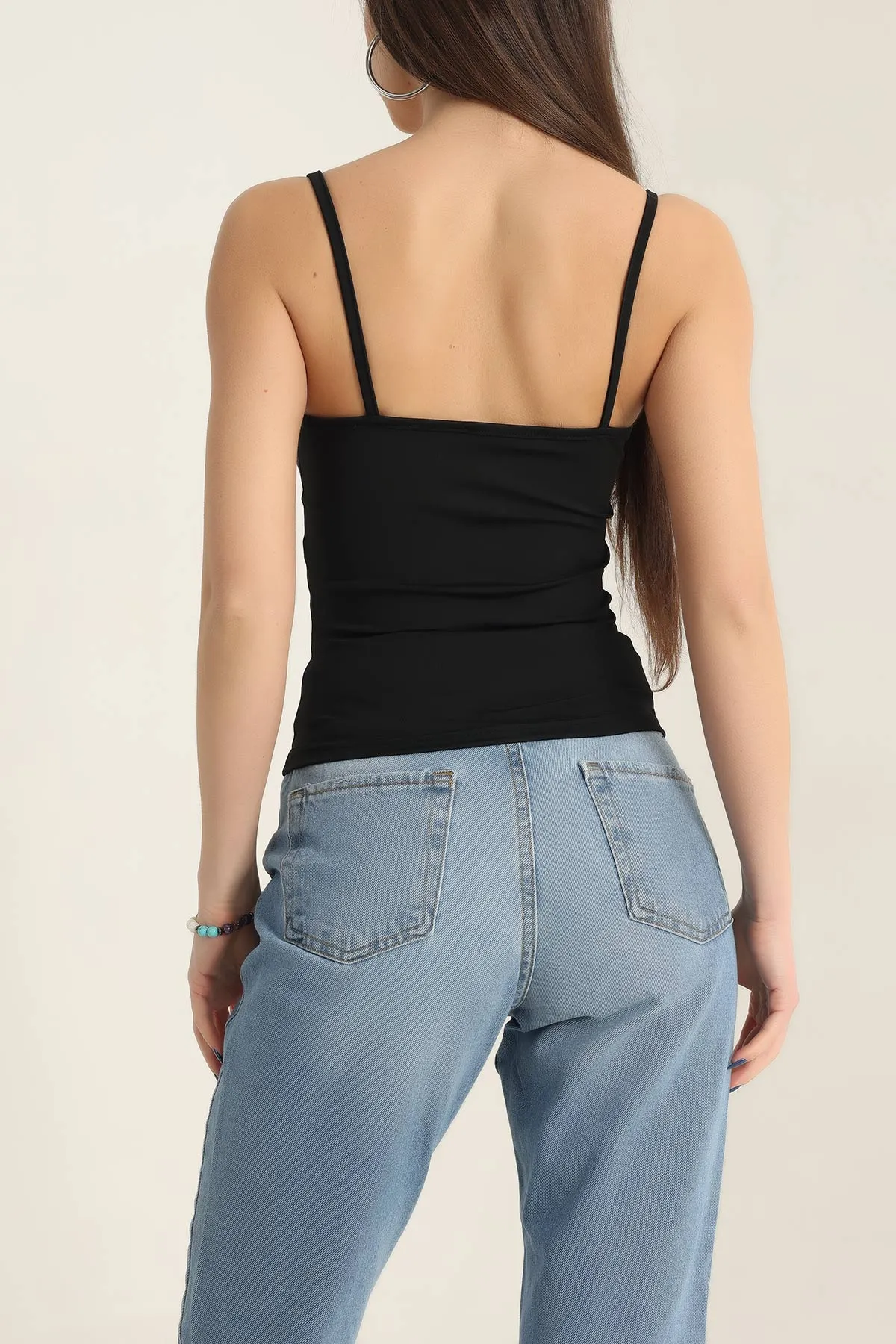 Siyah İp Askılı Likralı Sandy Bluz 337397