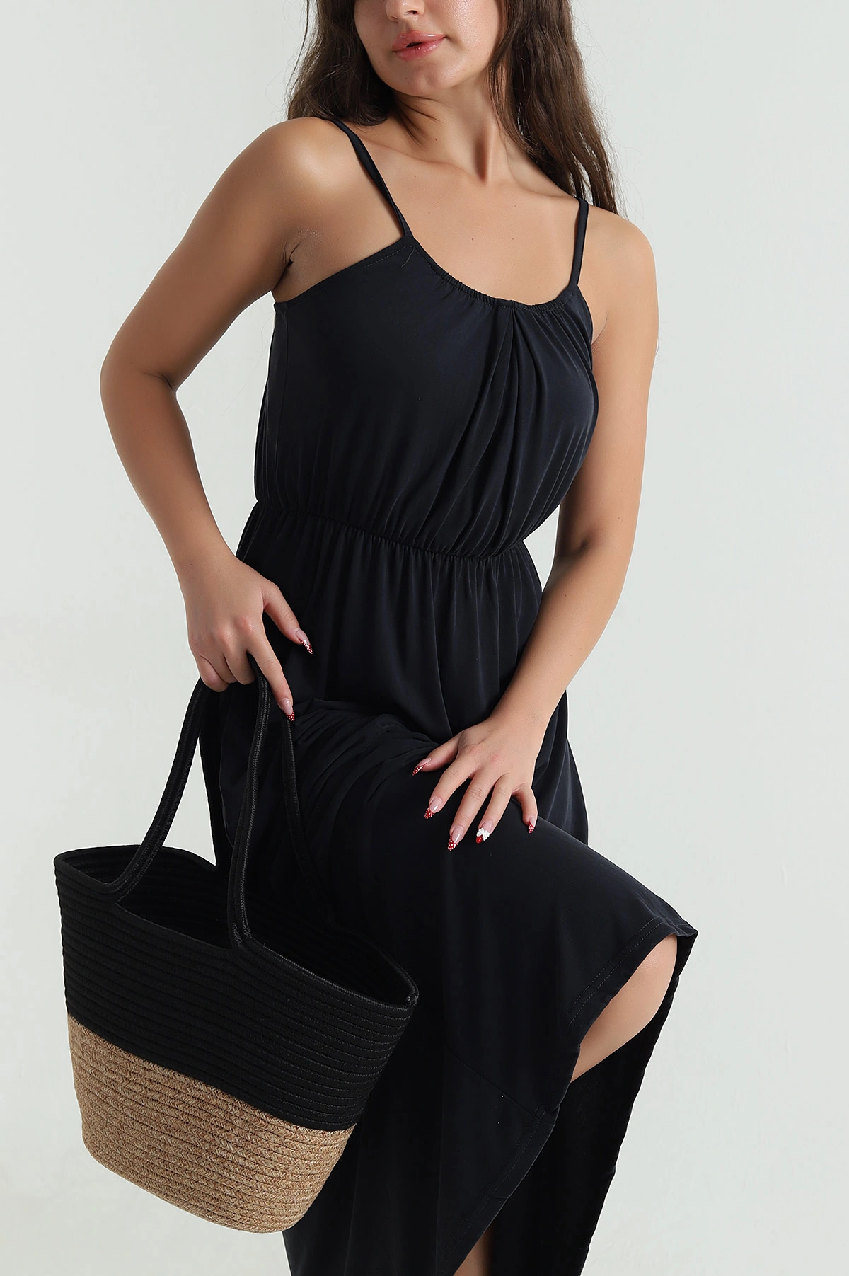 Siyah İp Askılı Modal Kadın Elbise 478209