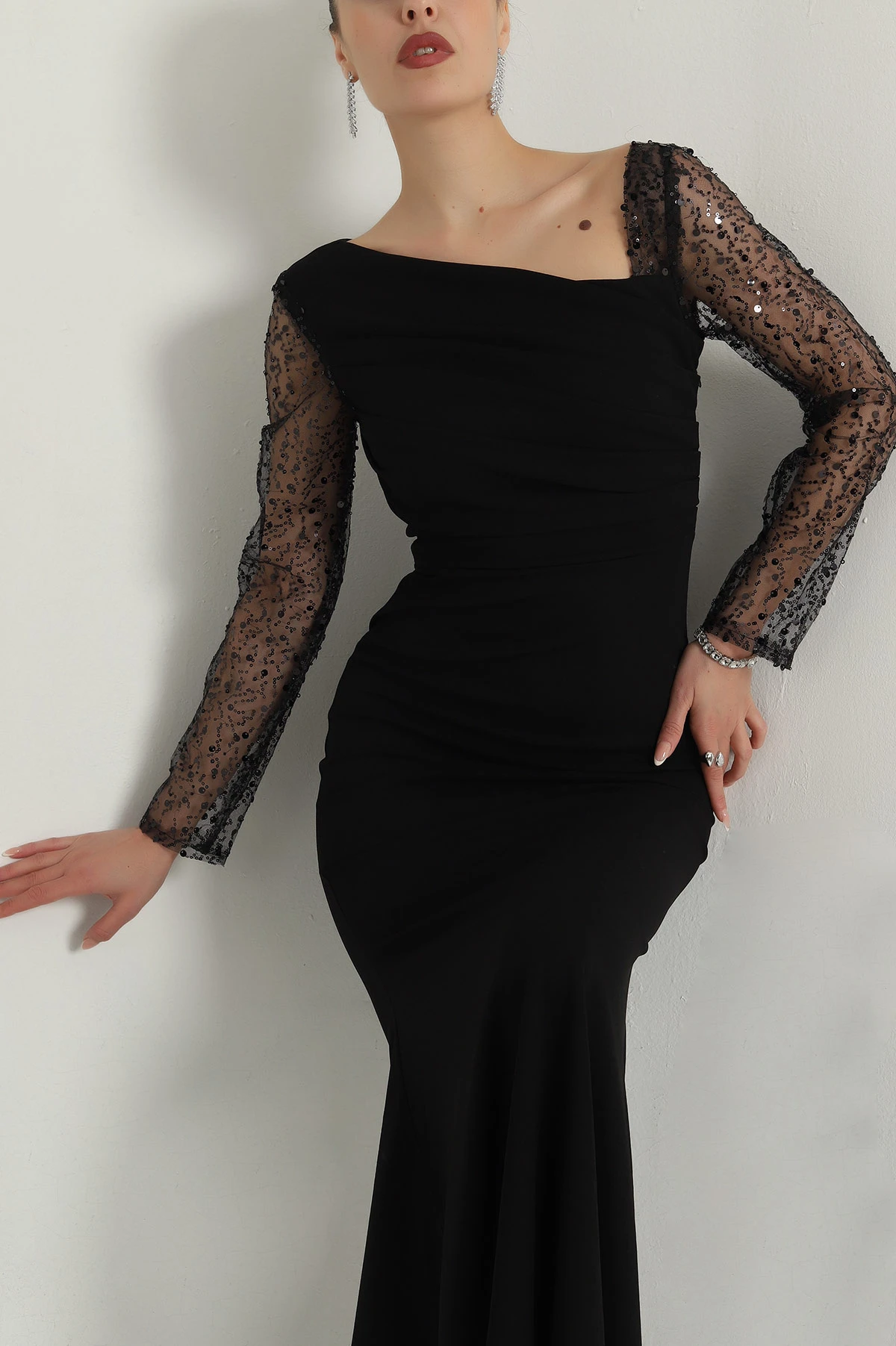 Siyah İthal Crep Kadın Pul Payetli Abiye 398078
