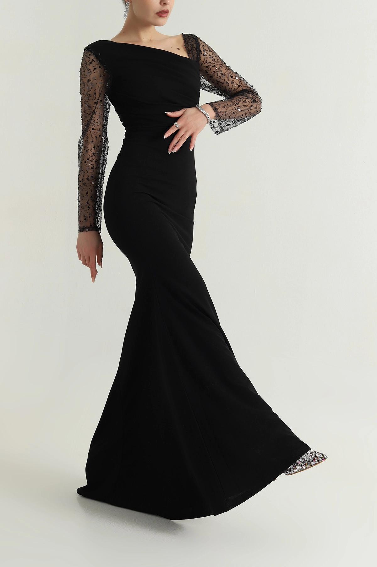 Siyah İthal Crep Kadın Pul Payetli Abiye 398078