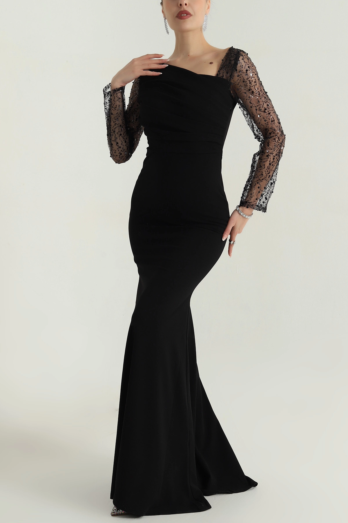 Siyah İthal Crep Kadın Pul Payetli Abiye 398078