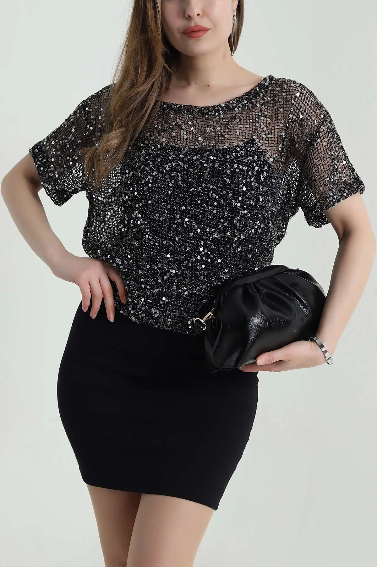 Siyah İthal Pullu Kumaş Kadın Bluz 458247