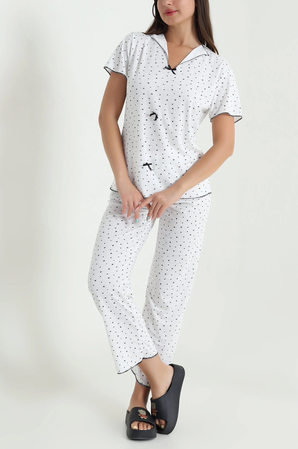 Siyah Jakarlı Fiyonklu Kadın Pijama Takımı 466697