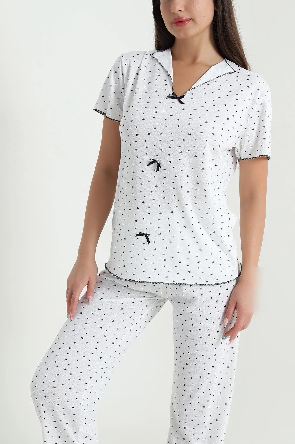 Siyah Jakarlı Fiyonklu Kadın Pijama Takımı 466697
