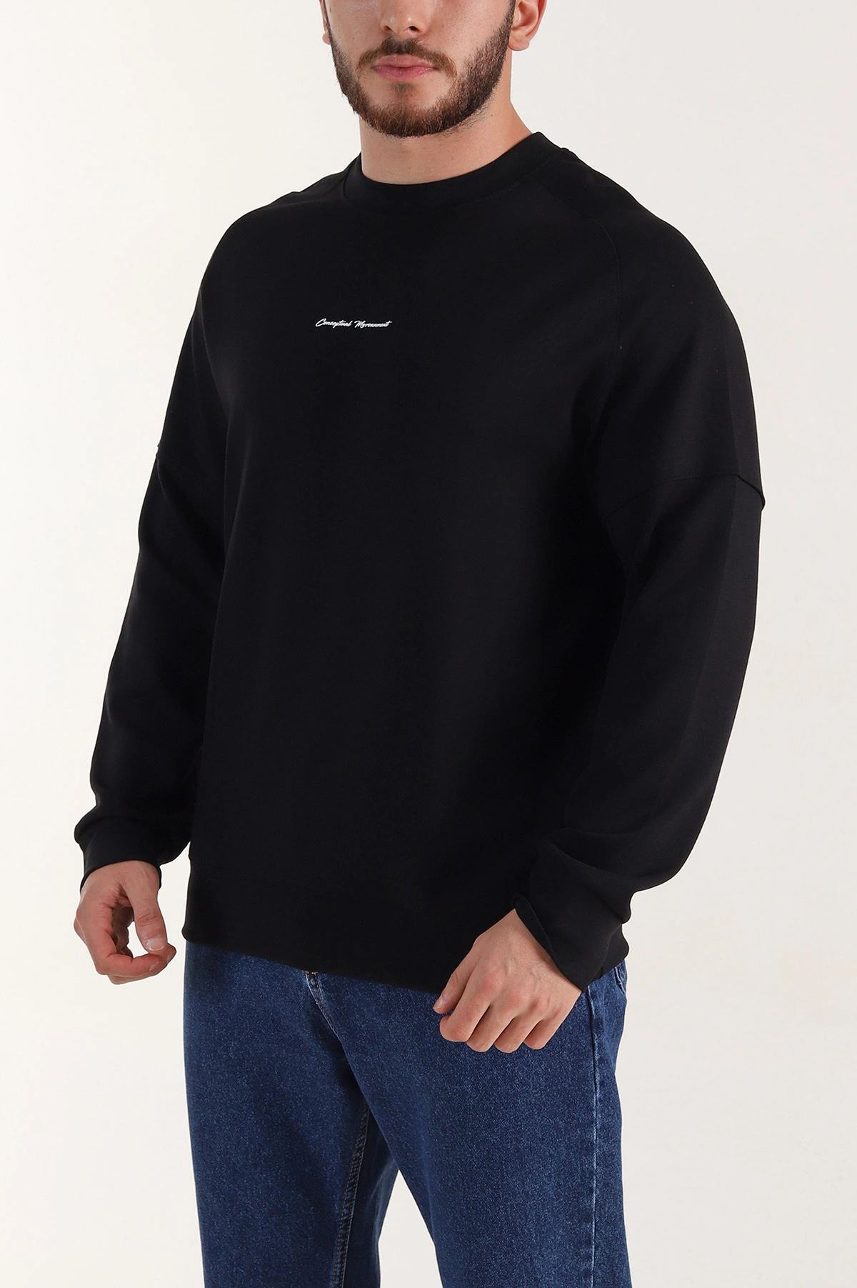 Siyah Kabartma Yazılı Bisiklet Yaka Erkek Sweatshirt 396890
