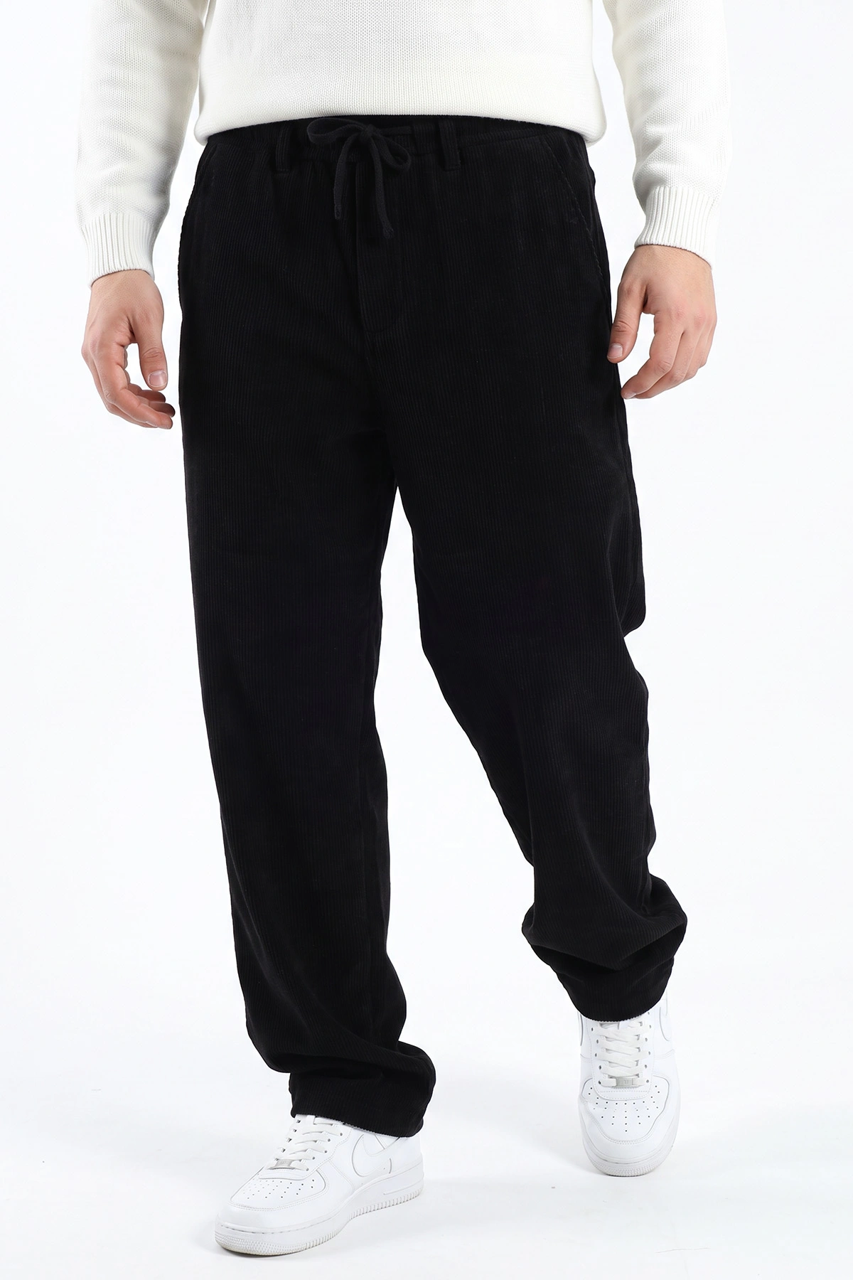 Siyah Kadife Baggy Yeni Sezon Belden Bağlamalı Erkek Pantolon 493158