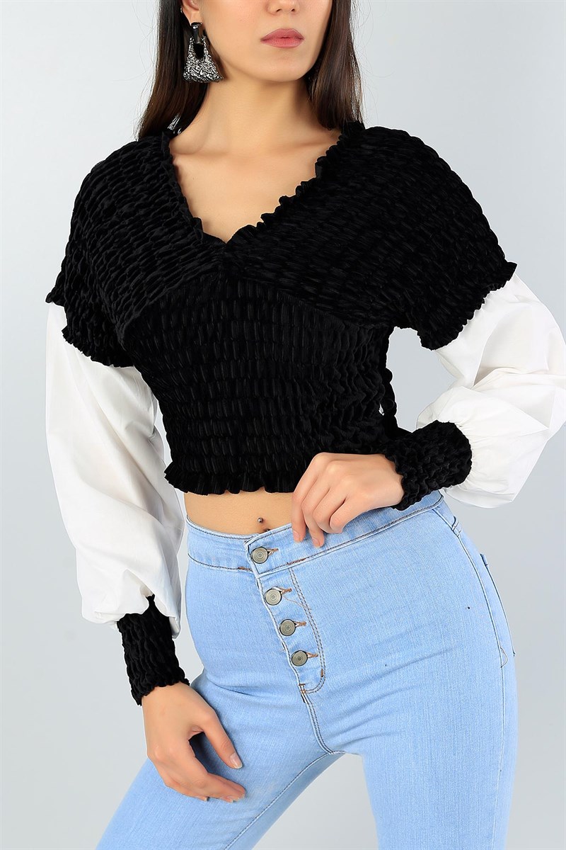 Siyah Kadife Gipeli Crop Bluz 47083