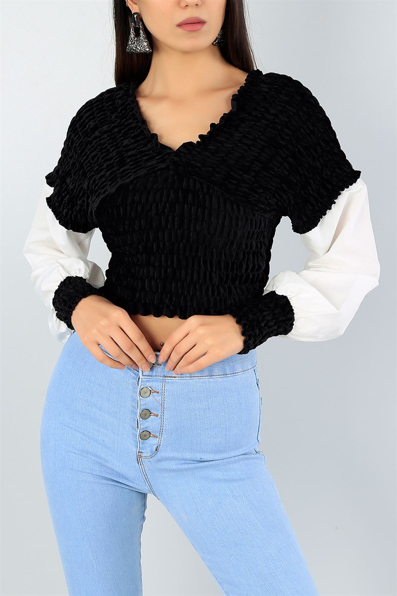 Siyah Kadife Gipeli Crop Bluz 47083