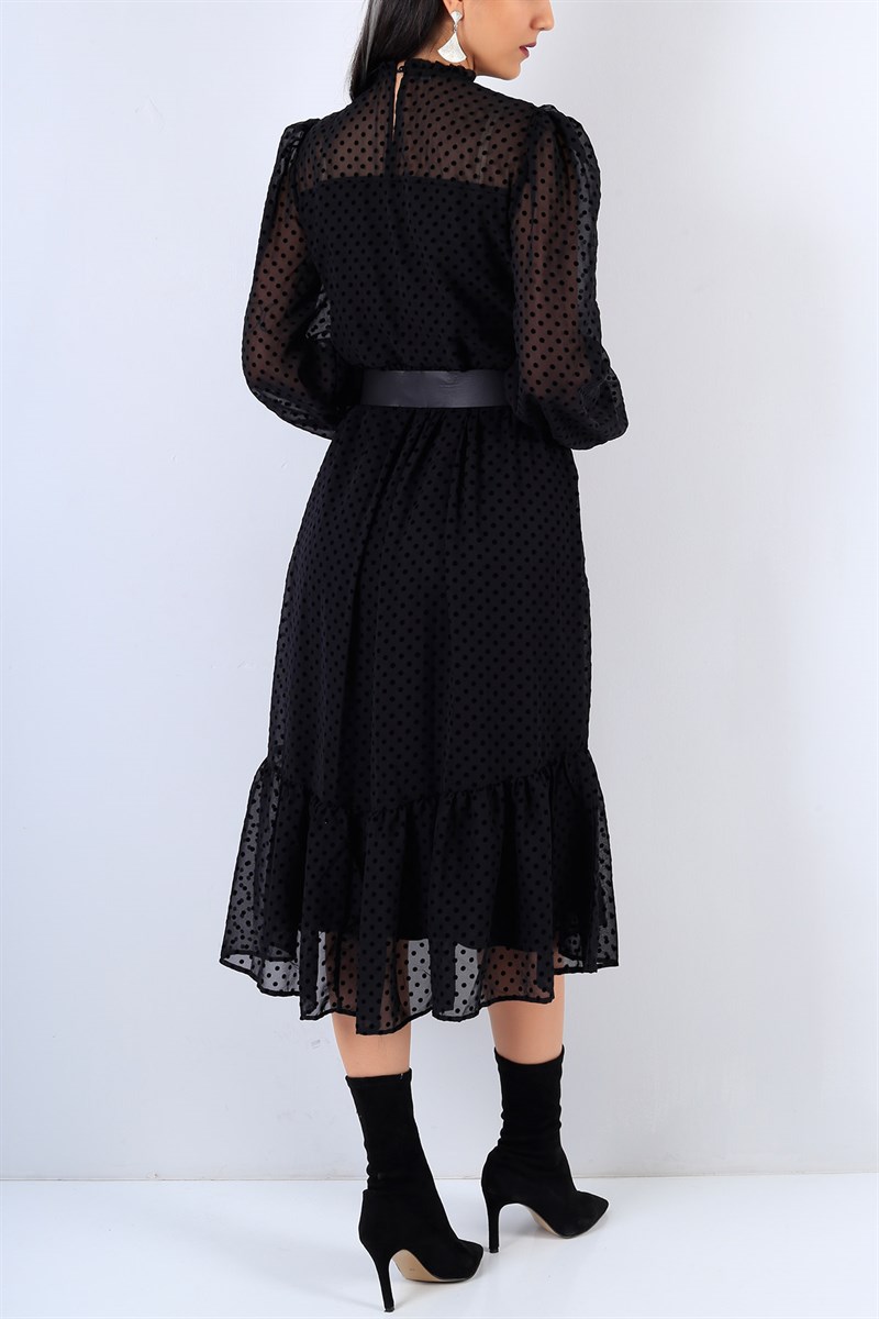 Siyah Kadife Puantiye Şifon Elbise 22120B